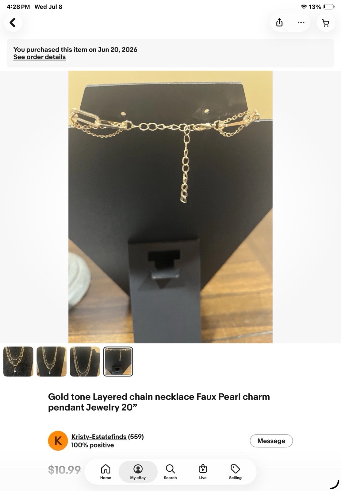 Gold Tone Layered Cable Chain Necklace Simulated White Pearl Charm Pendant 20″