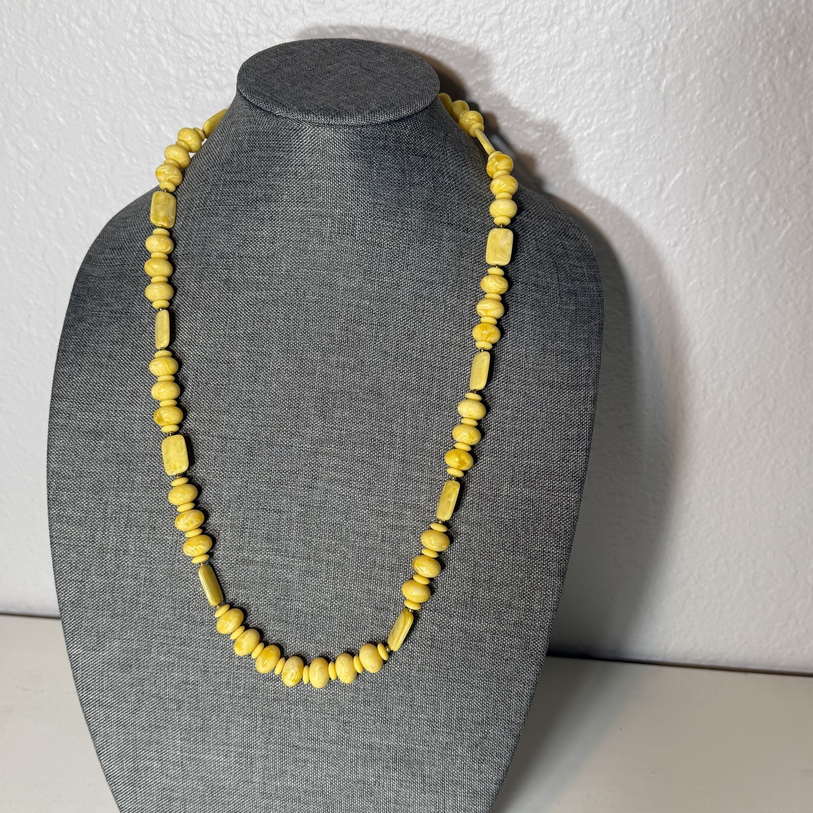 Vintage Yellow Mixed Shapes Swirl Bead Necklace Spring Clasp Quality Costume