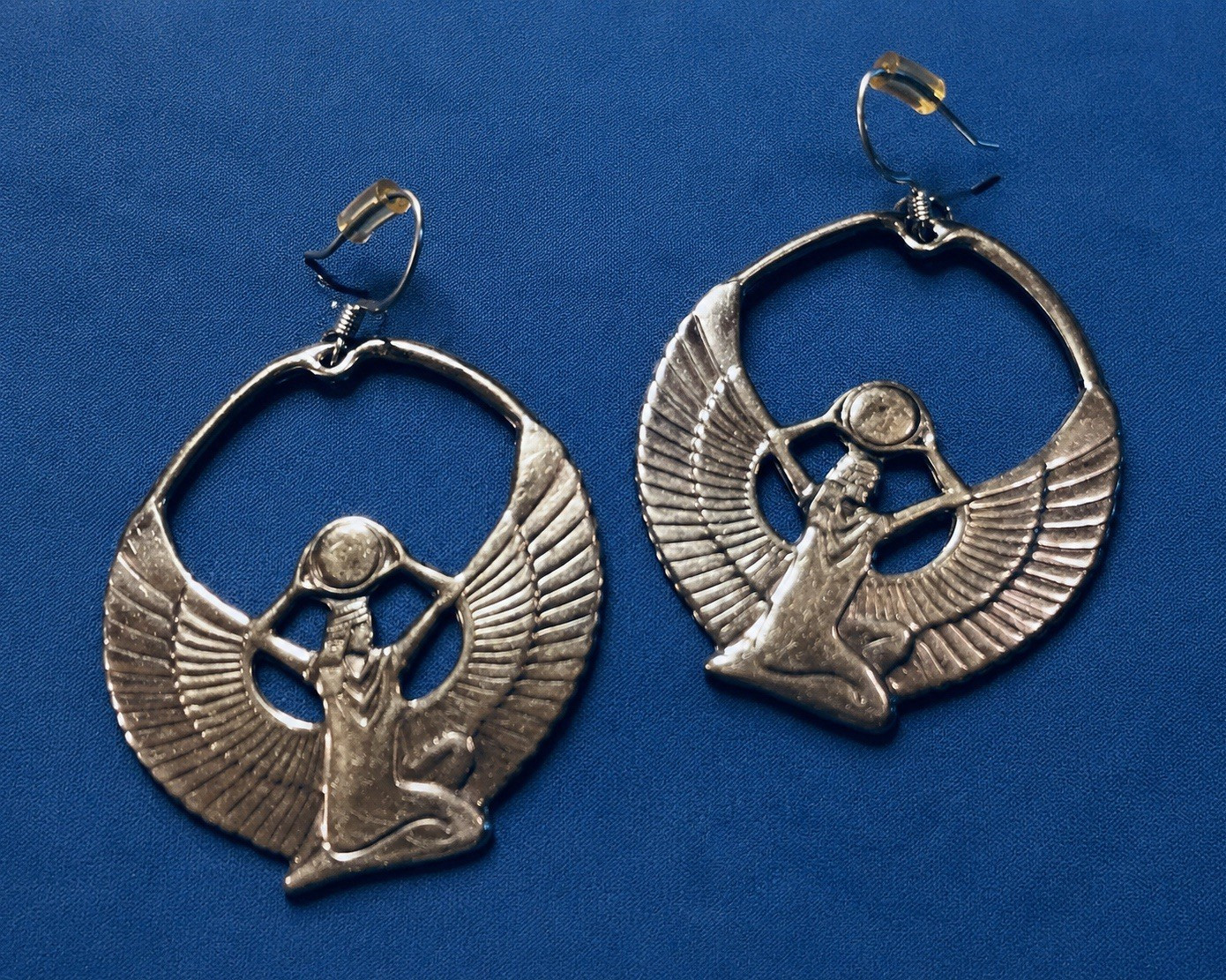 Silver Tone Metal Egyptian Winged Goddess Dangle/Drop Hook Earrings