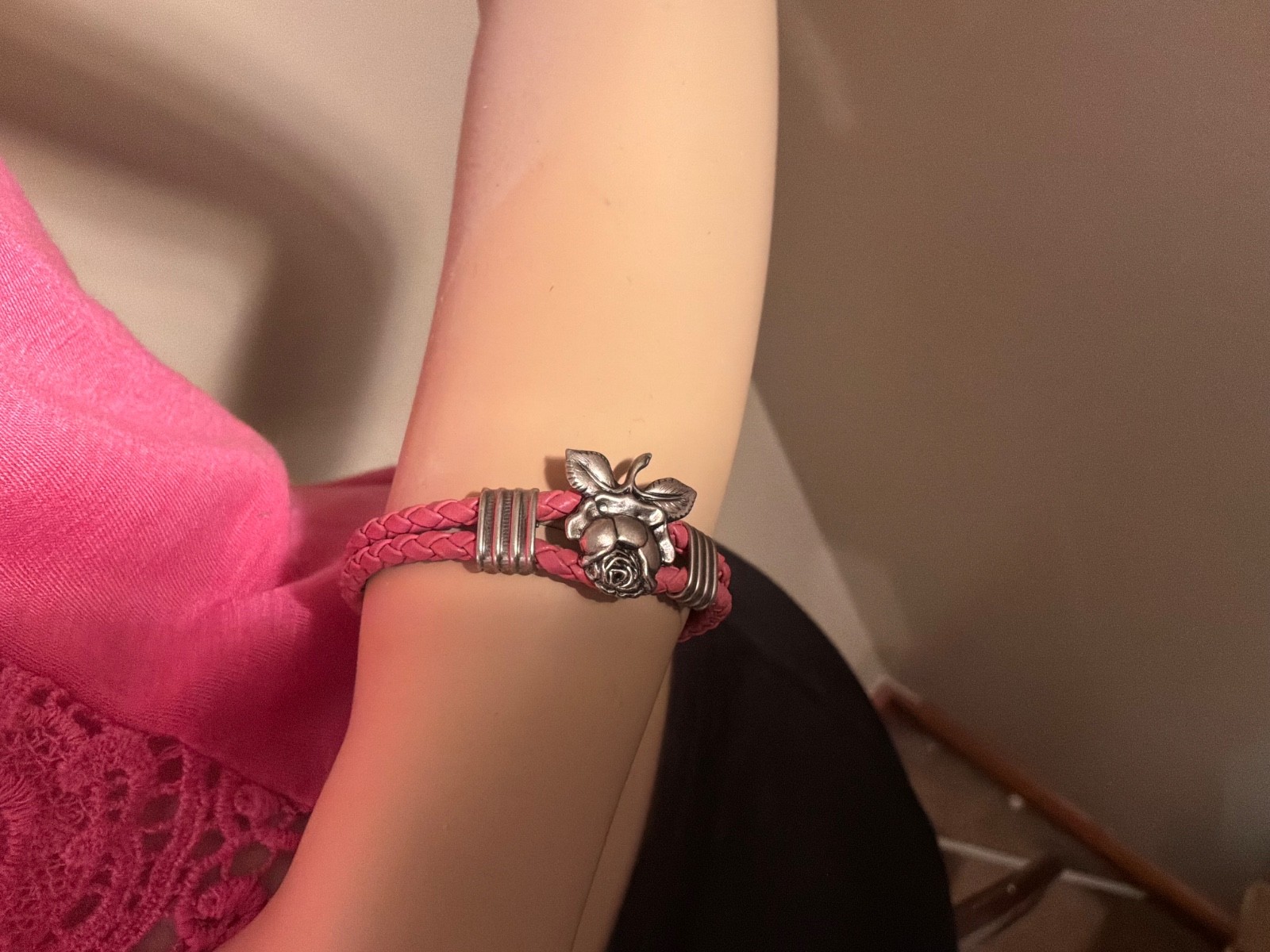 PINK leather silver rose detail 7 1/2 inch bracelet