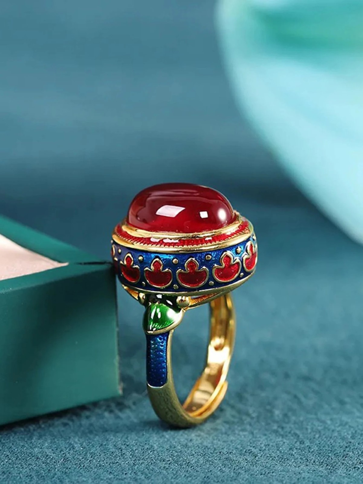 Women’s Vintage Simulated Ruby Ring Enamel Floral Boho Gold Statement Jewelry