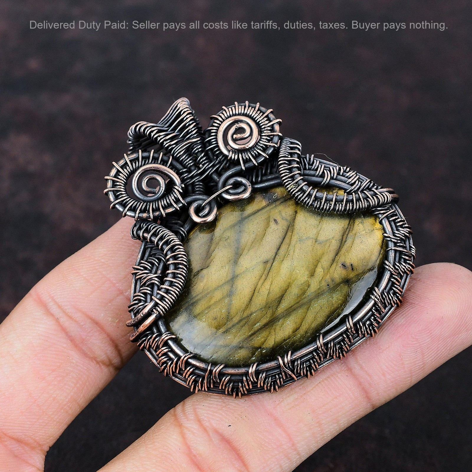 Copper Natural Labradorite Unique Wire Wrapped Handcrafted Wife Pendant Jewelry