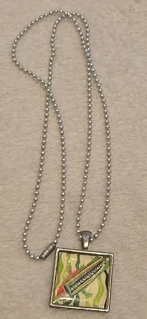 Green Abstract Art Pendant With 24″ Ball Chain 1×1 Inch