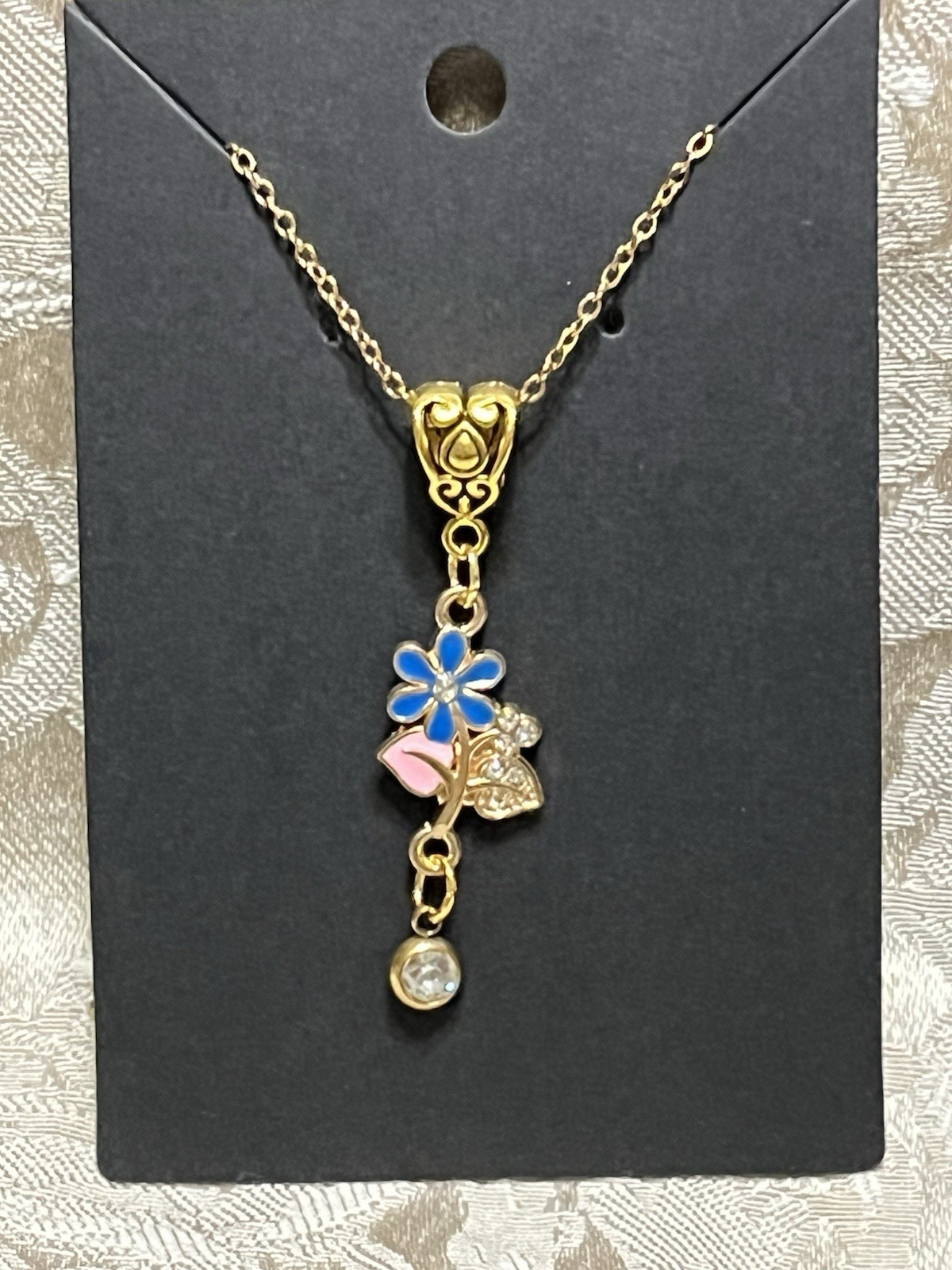 Retro Floral Gem Enamel Pendant Gold 18” Necklace Bohemian Floral Novelty
