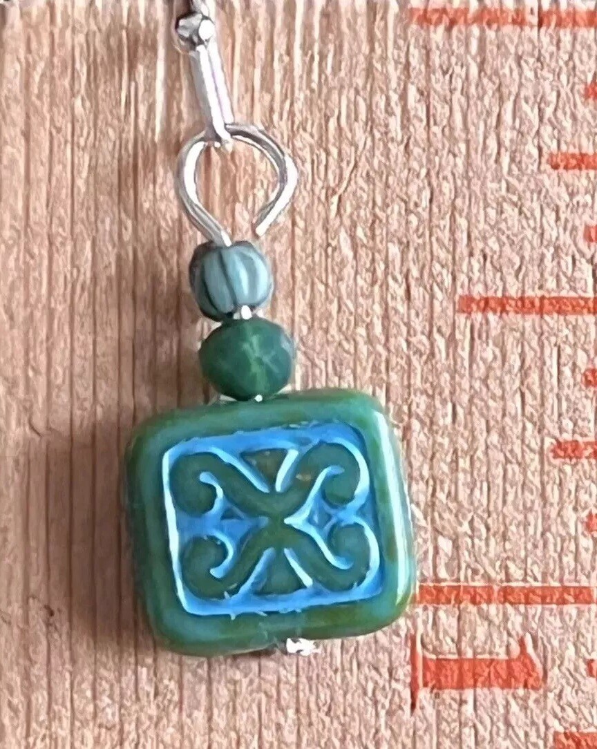 Silver with Blue and Green Picasso Glass Bead Dangle Earrings.