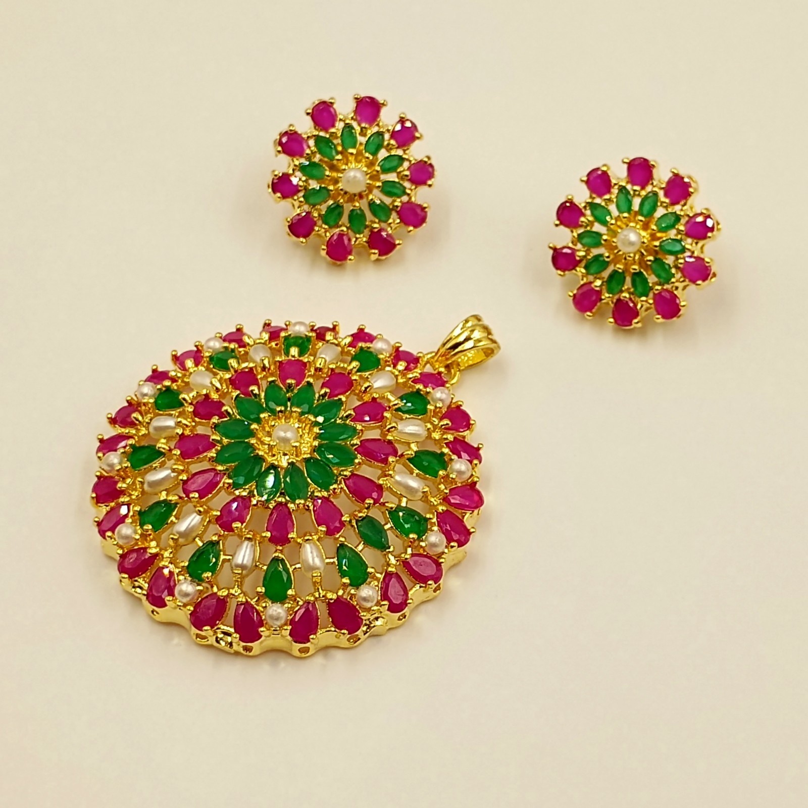 Ruby Emerald & Pearl Pendant Set 22k Gold Plated Traditional Indian Jewelry Gift