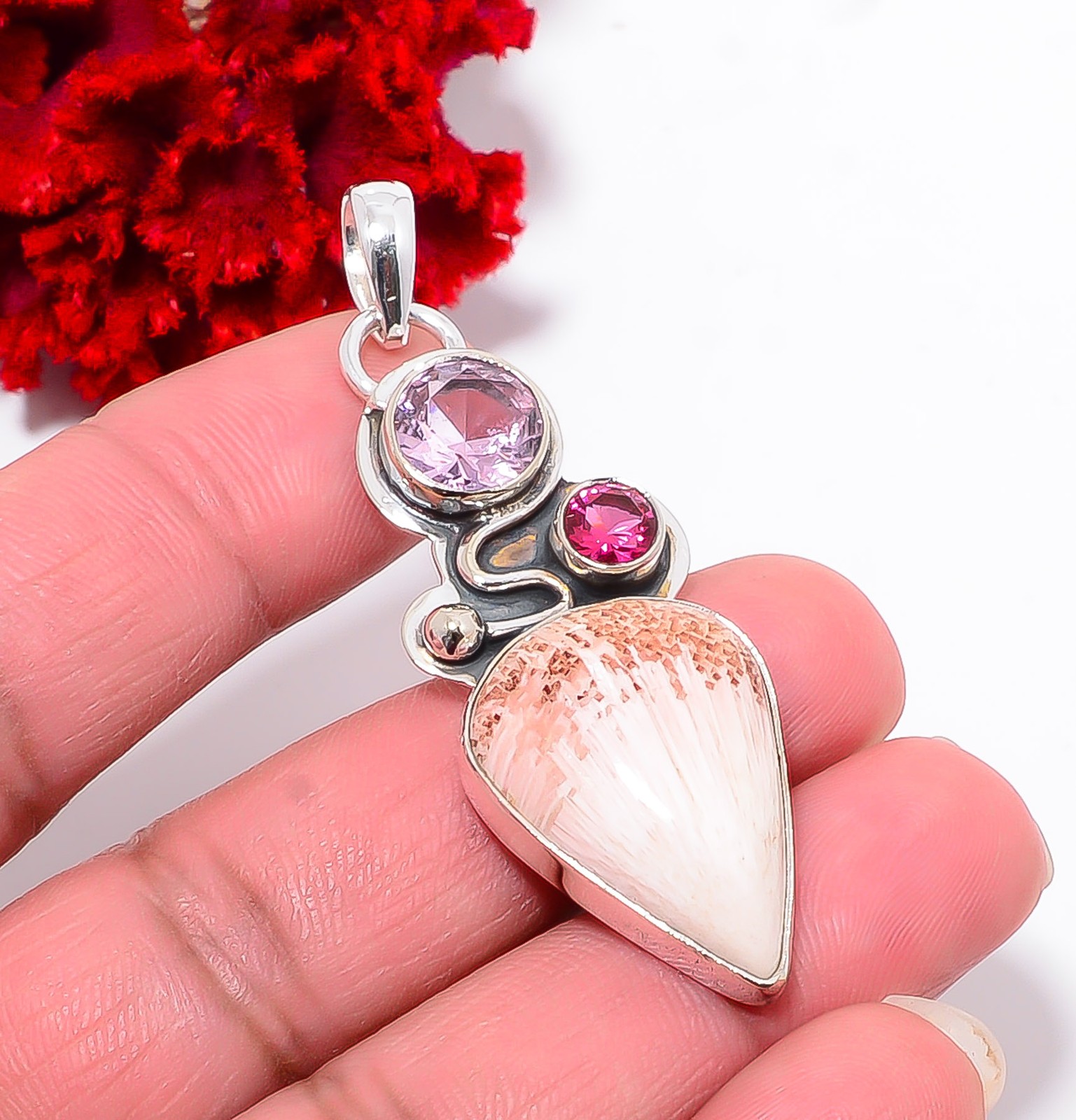 Orange Scolecite – India & Pink Kunzite 925 Sterling Silver Pendant 2.26″ P94324