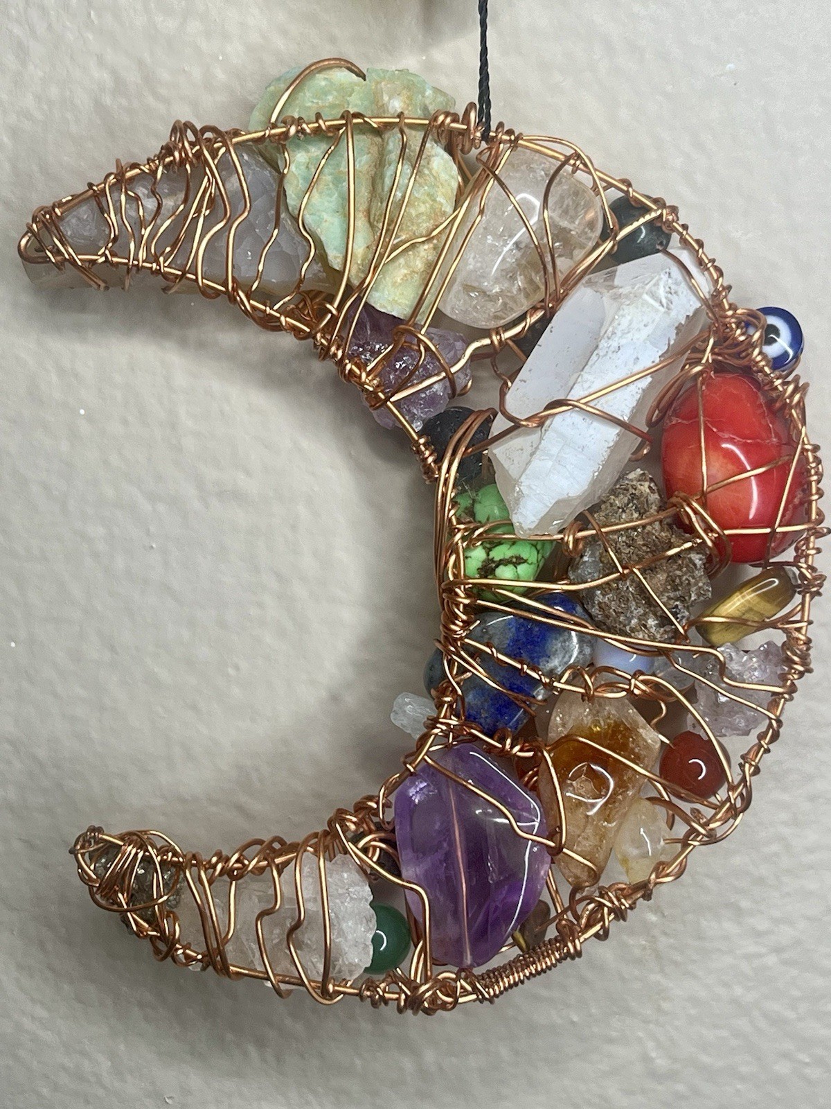 Wire Wrapped Crescent Moon Wall Hanging Amethyst Quartz Opalite Red Coral Copper