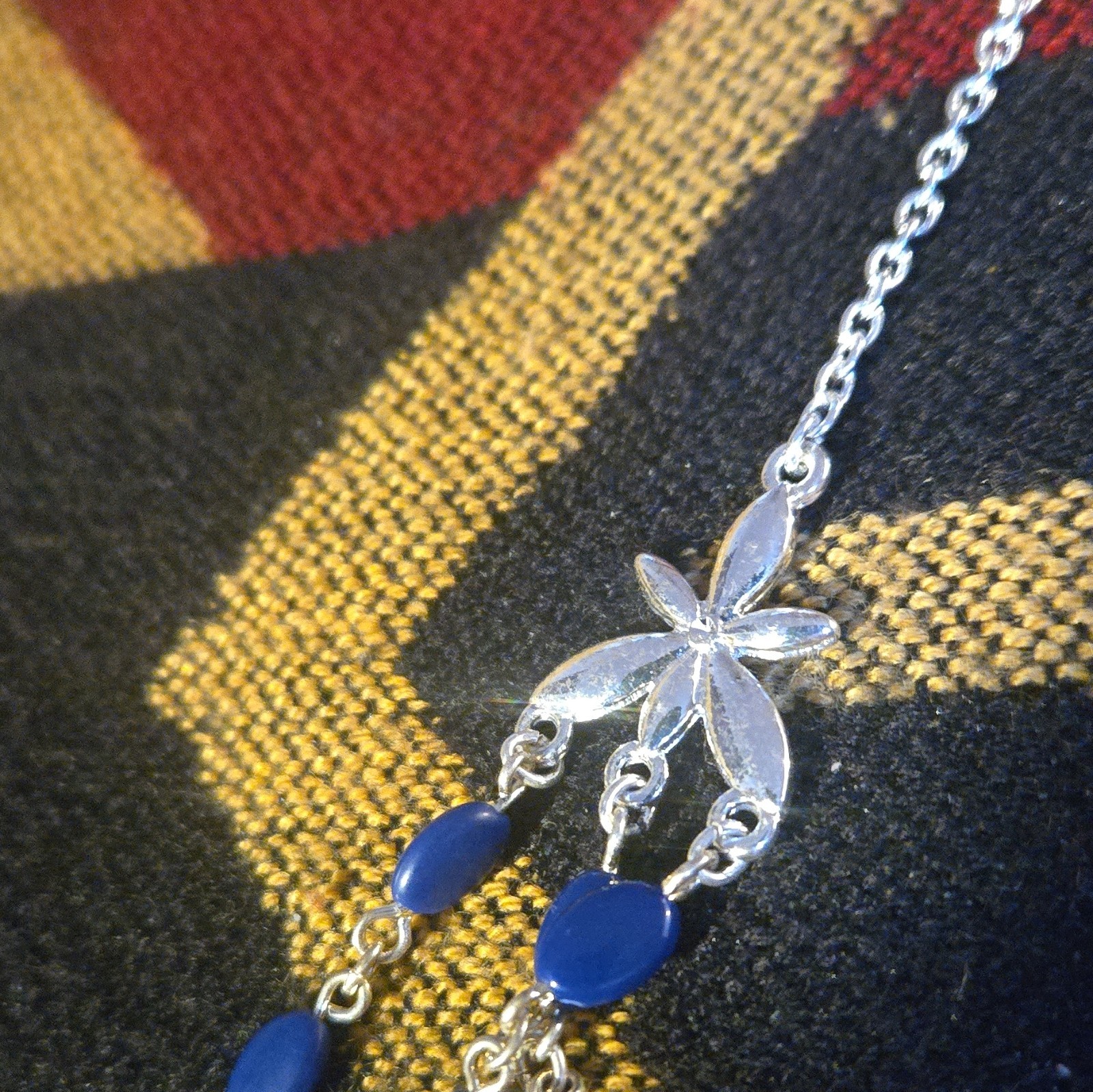 Avon Blue Multi-Strand Beaded Cable Chain Necklace Silver Tone Flower Links
