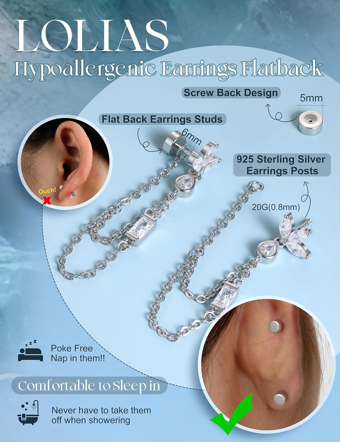 Hypoallergenic Cartilage Earrings for Women Flat Back-925 Sterling Silver Post S