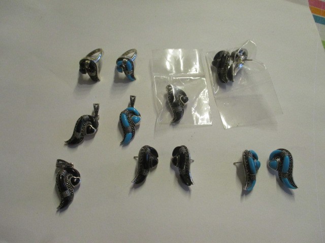 Lot sterling Ring Earring Pendant Synthetic Turquois Black Sapphire CLEARANCE