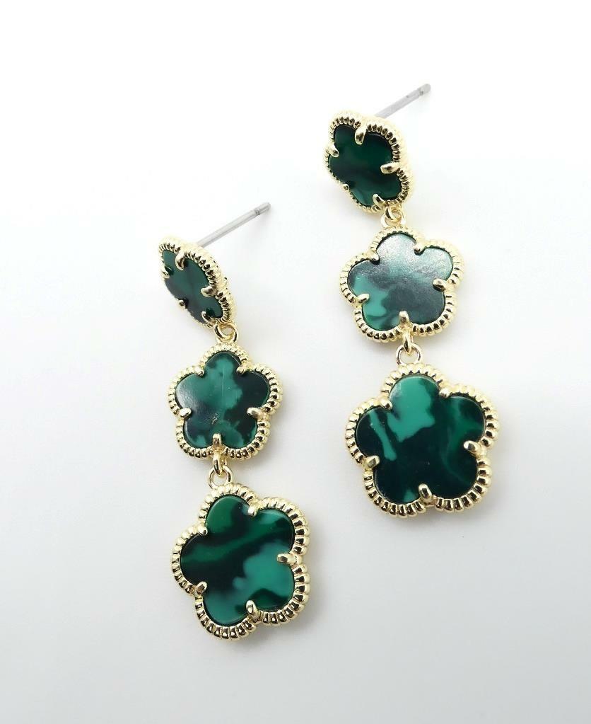 ELEGANT 18kt Gold Plated Green Malachite Triple 5 Petal Flower Dangle Earrings