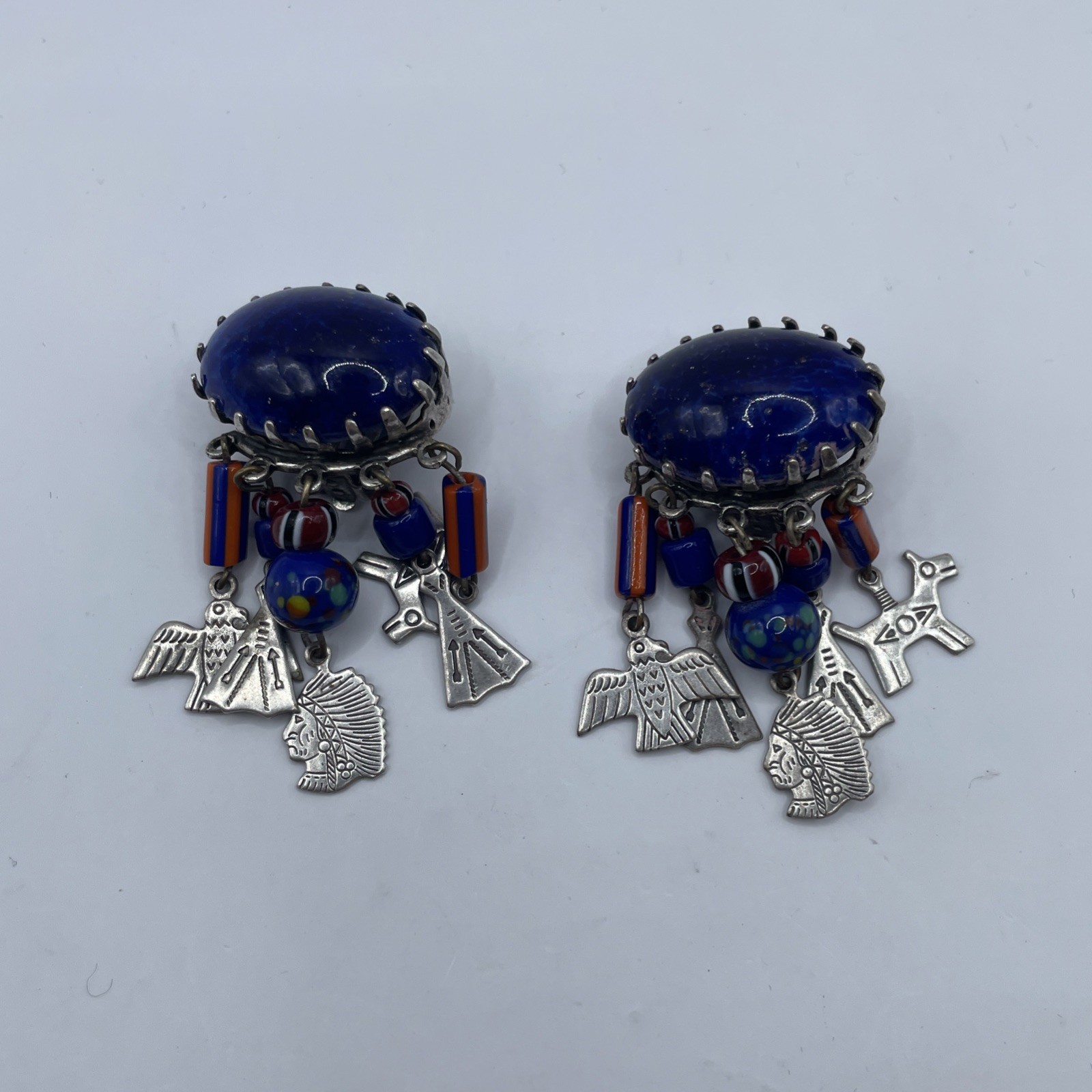 RARE Vintage Zoe Coste Indian Lapis Clip Earrings 1980’s Made In France Designer