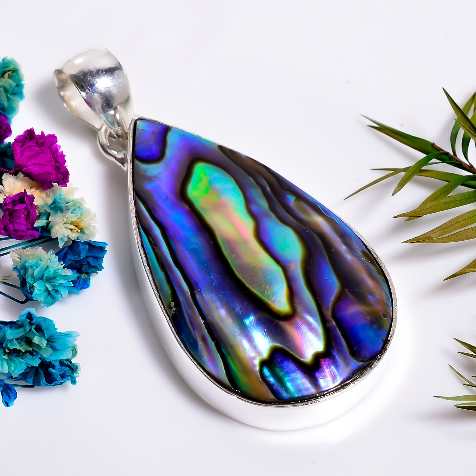Abalone Shell Gemstone Ethnic Handmade Jewelry.925 Silver Pendant