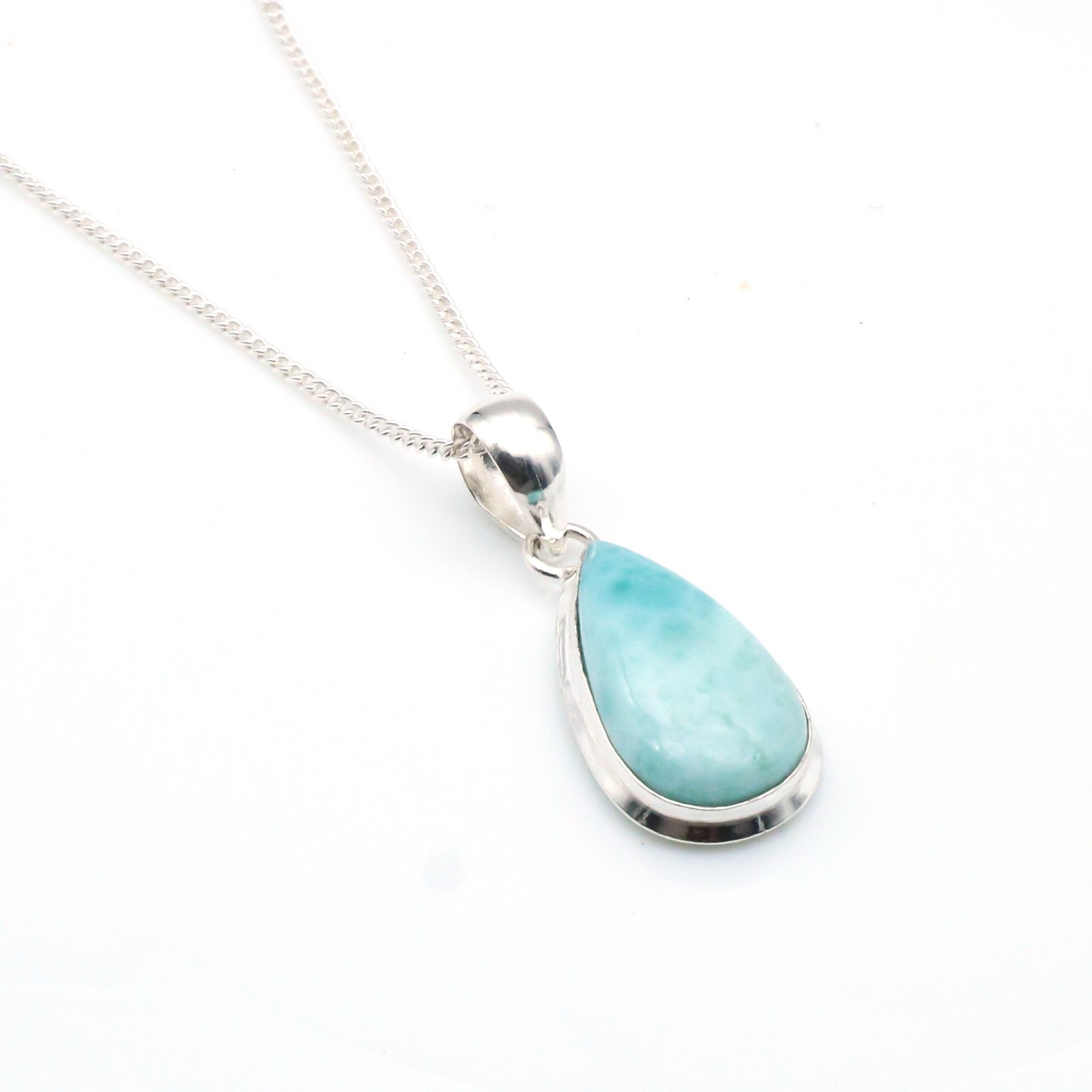 925 Sterling Silver Larimar Gemstone Handmade Jewelry Necklace 18″