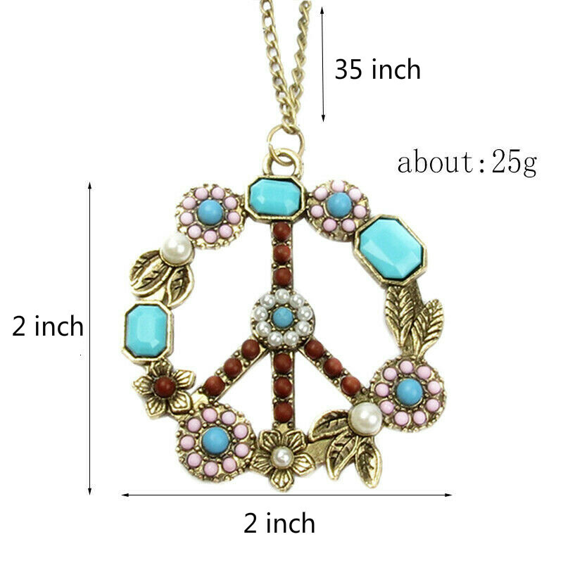 Vintage Long Statement Choker Necklace with Antiwar Peace Sign Pendant