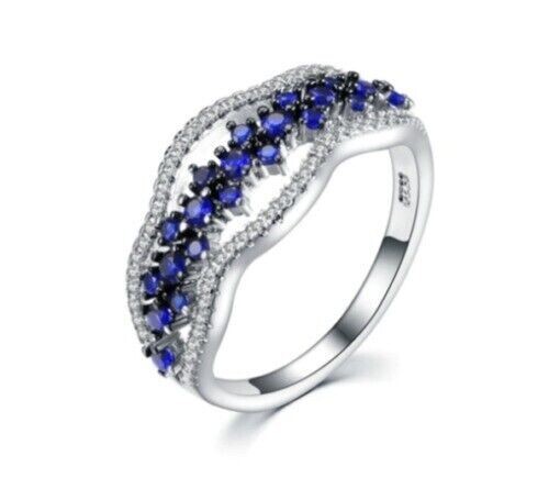 1.50Ct Blue Sapphire Simulated Eternity Wedding 14K White Gold Plated Silver