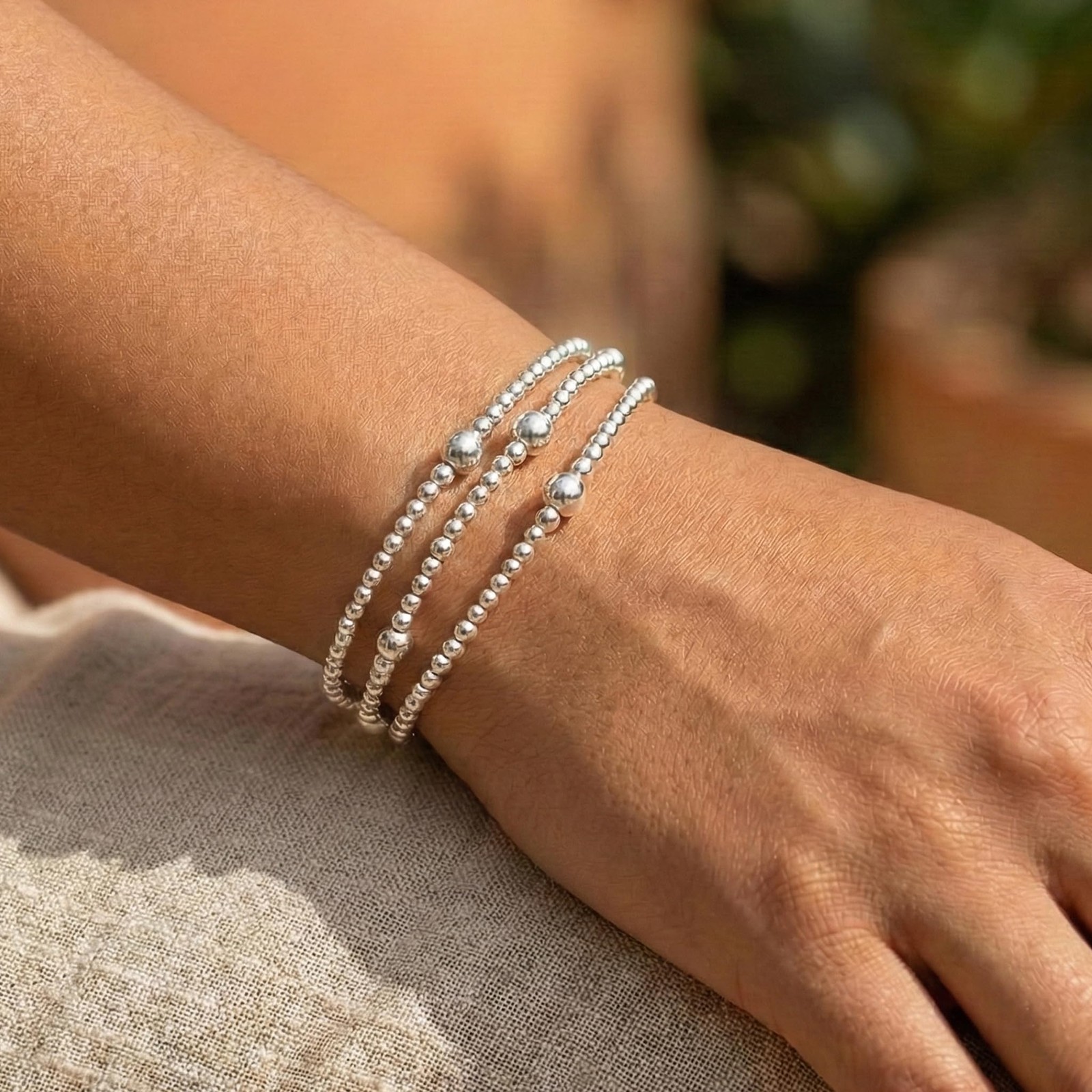 Silver Beaded Stretch Bracelet Set, 3PCS Stainless Steel Layered Ball Jewelry…