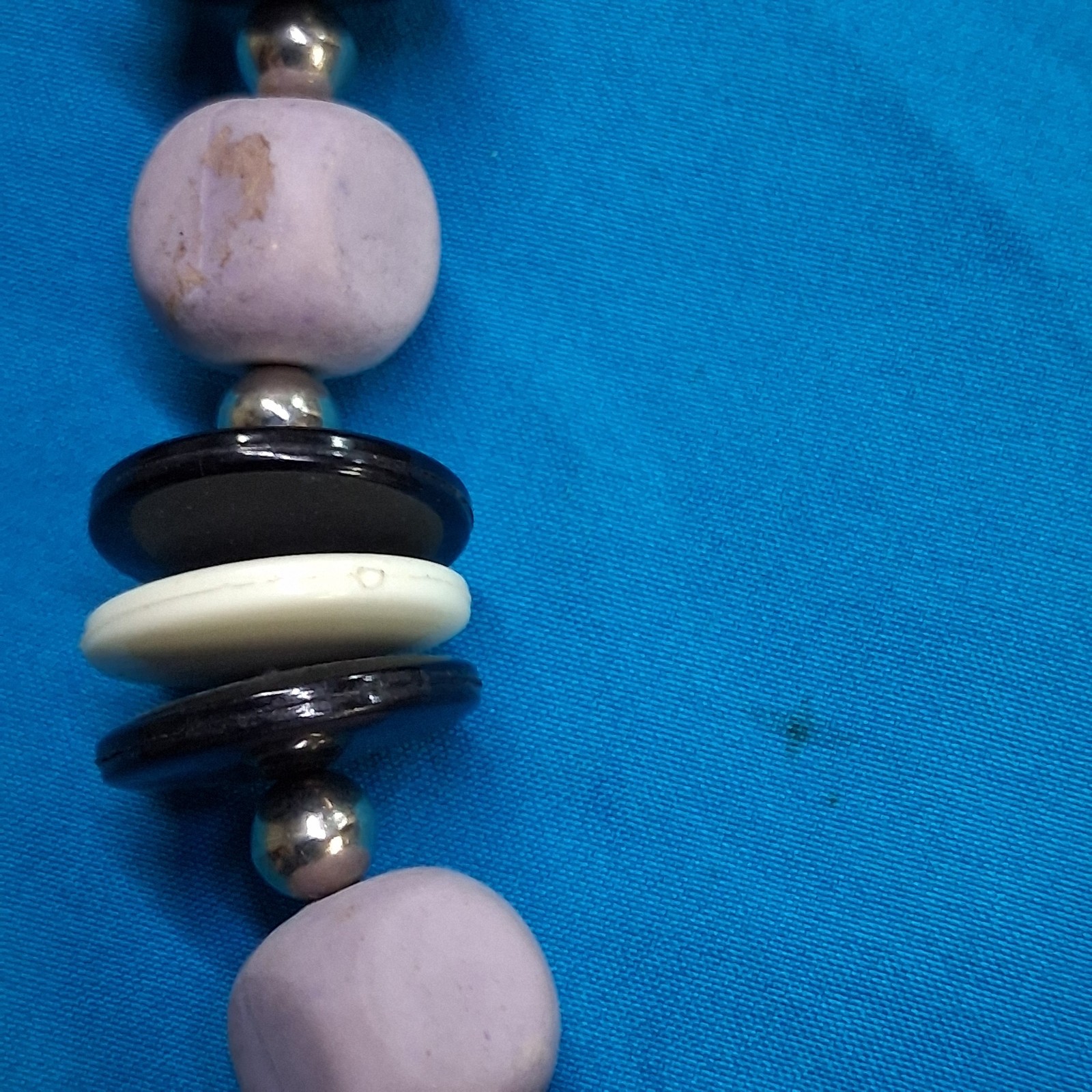 Vintage Purple Wood Bead Black & White Plastic Disc Collar Necklace