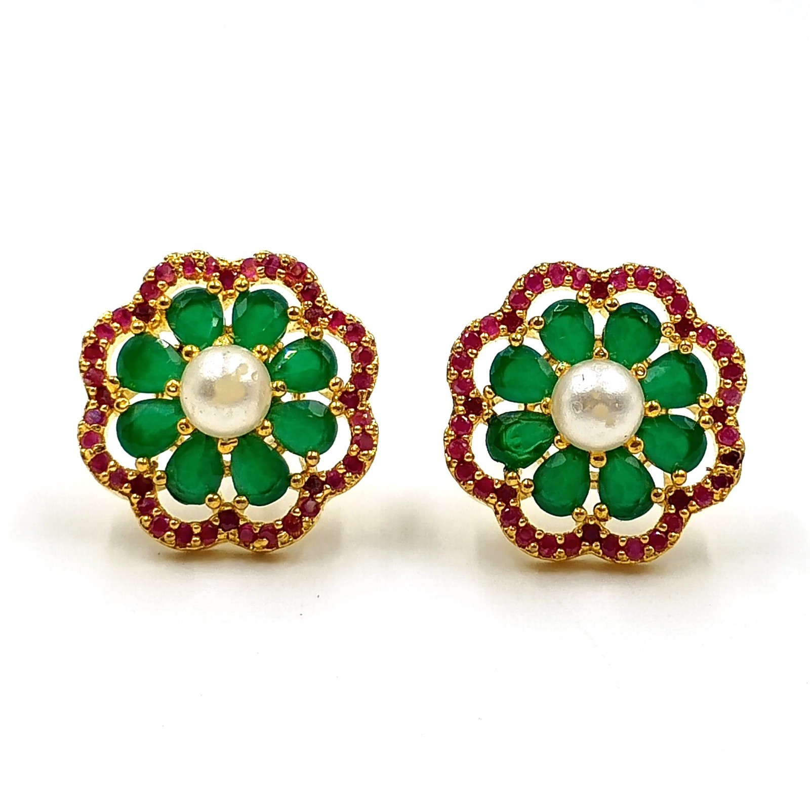 Ruby Emerald Pearl Stud Earrings 22k Gold Plated Traditional Indian Artisan Jewe