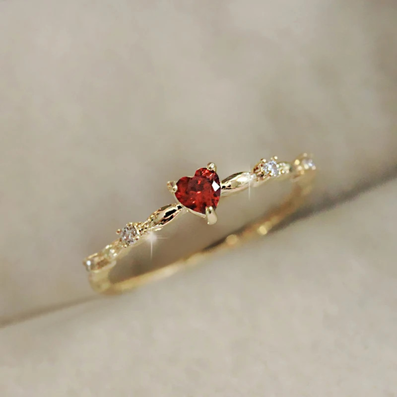 Gold Tone Red Heart Ring Women Cubic Zircon Classic Wedding Modern Band Jewelry