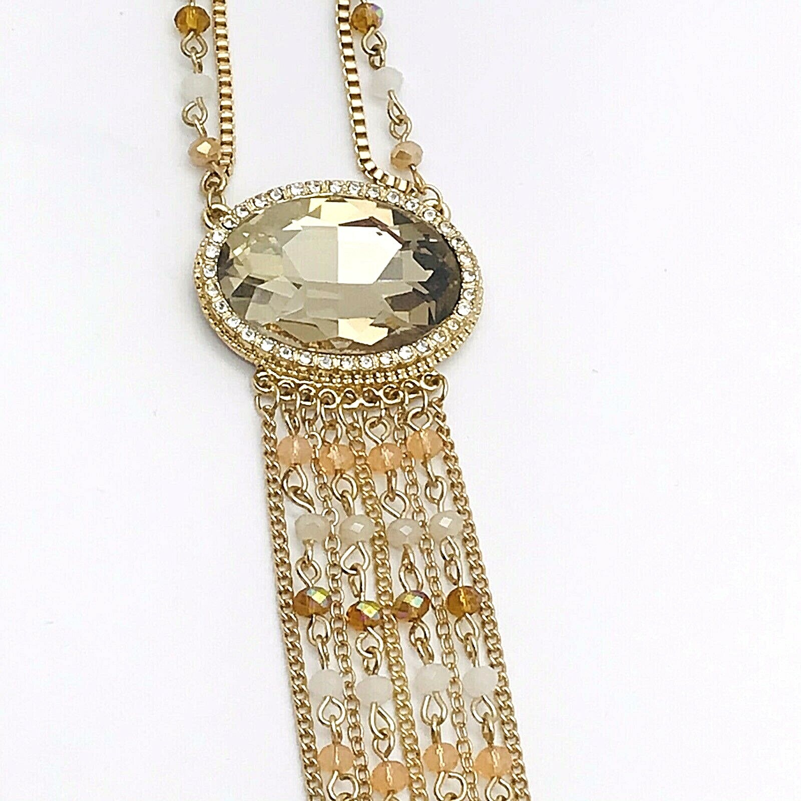 Natasha Fringe Long Necklace Amber Double Strand Color Goldtone Faceted Bead