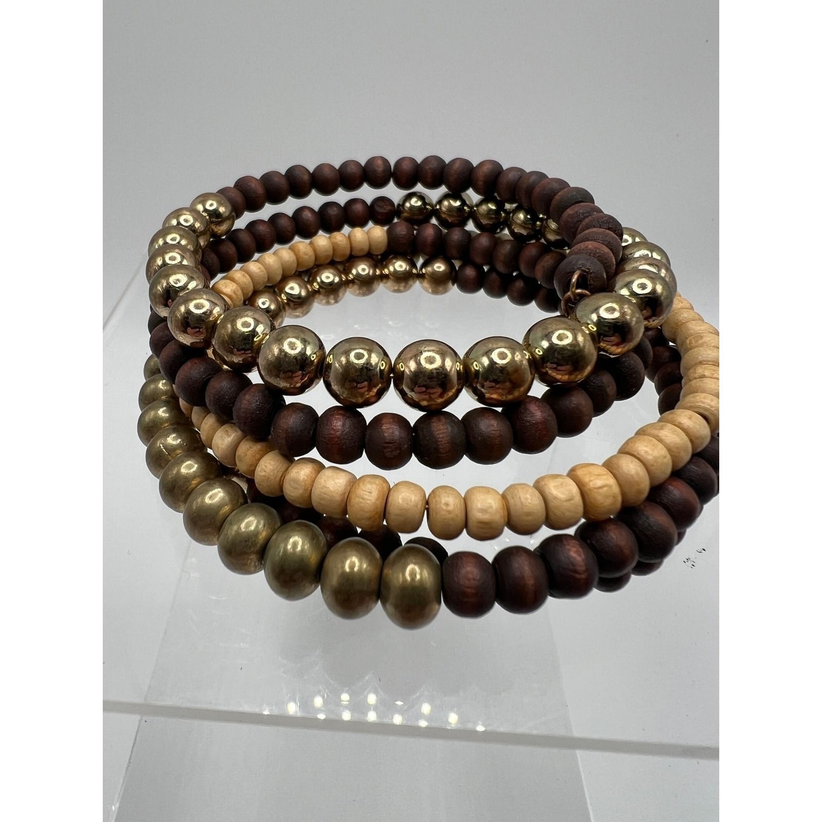 Wood Metal Bead Wrap Bracelet Boho Minimalist Earthy Brown Gold Tone OS