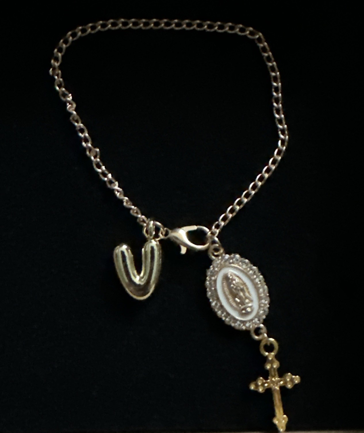 Gold Initial V Crucifix & Mary Bracelet -First communion, confirmation. 🙏🏻