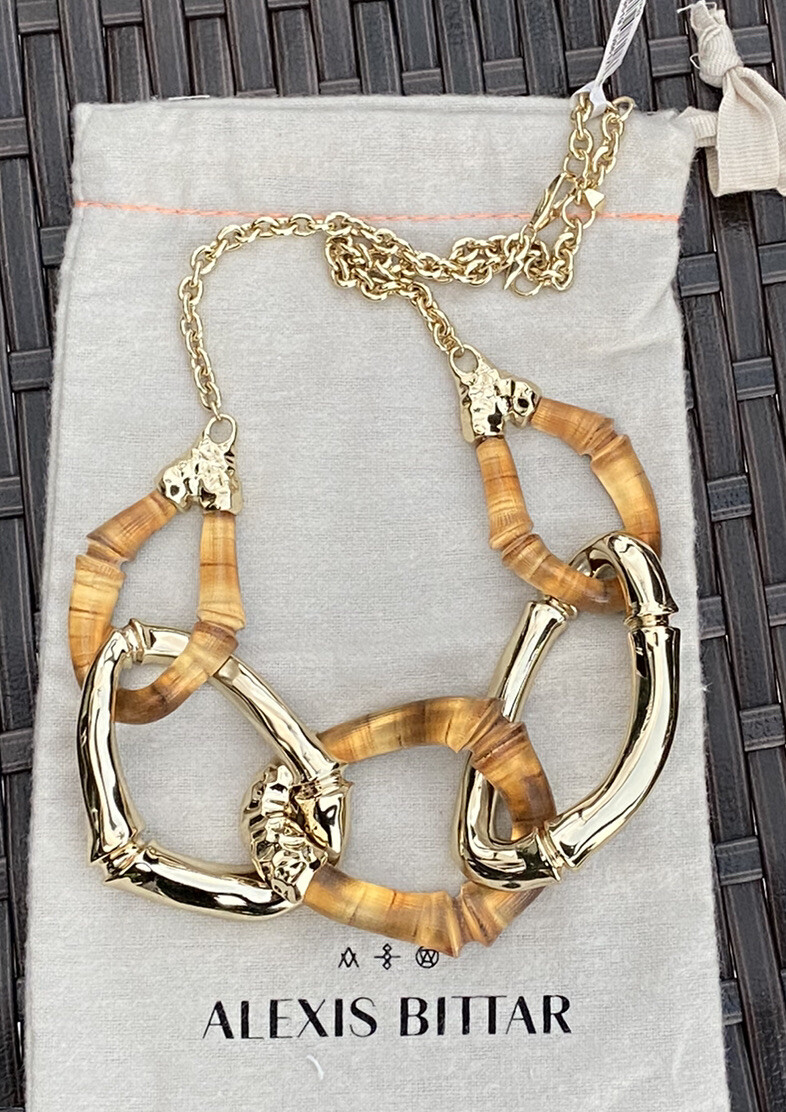100% Authentic Alexis Bittar Large Gold/ Amber Lucite Bamboo Link Necklace $595