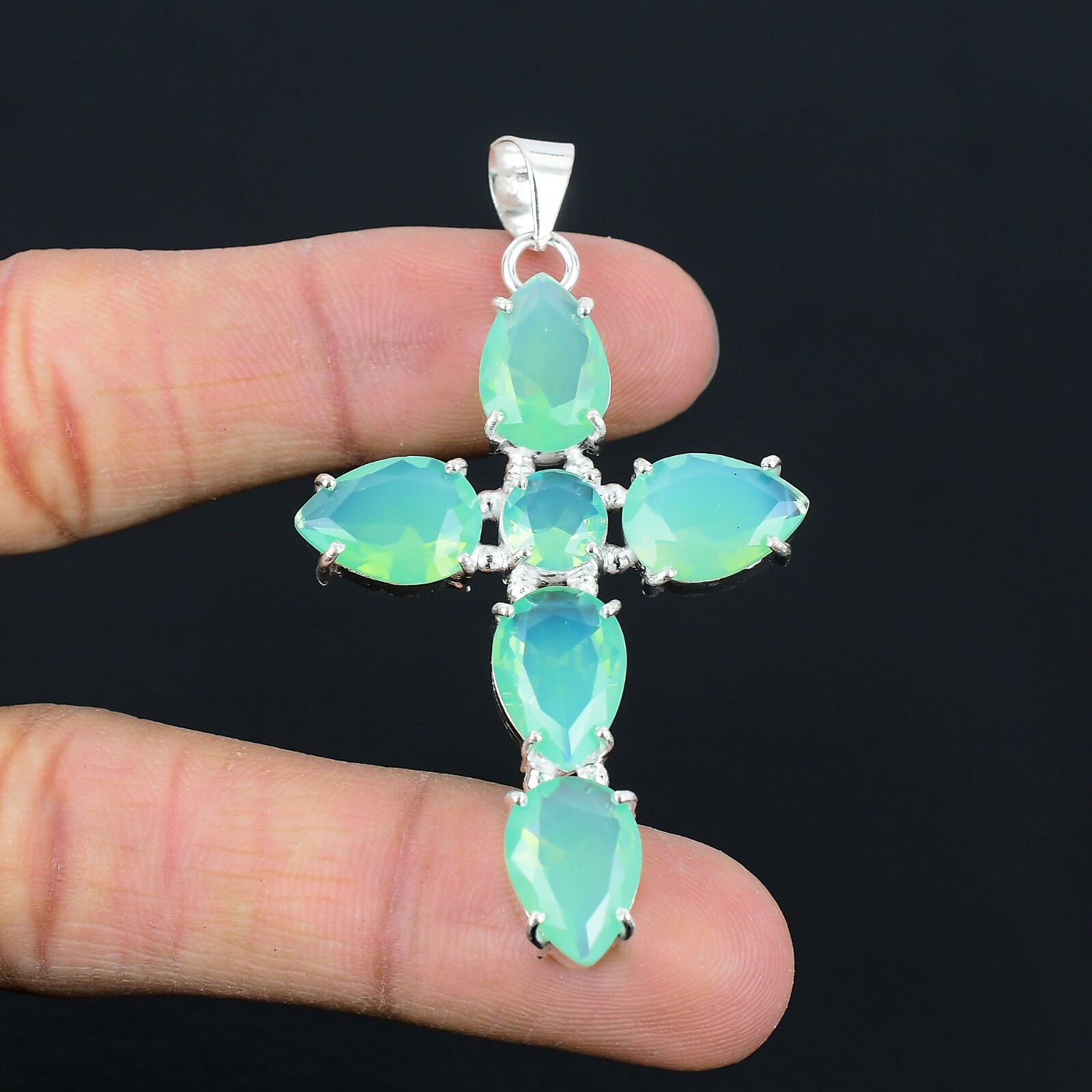 Aqua Chalcedony Handmade Cross Design Pendant Jewelry Party Wear 2.6″ CP 010