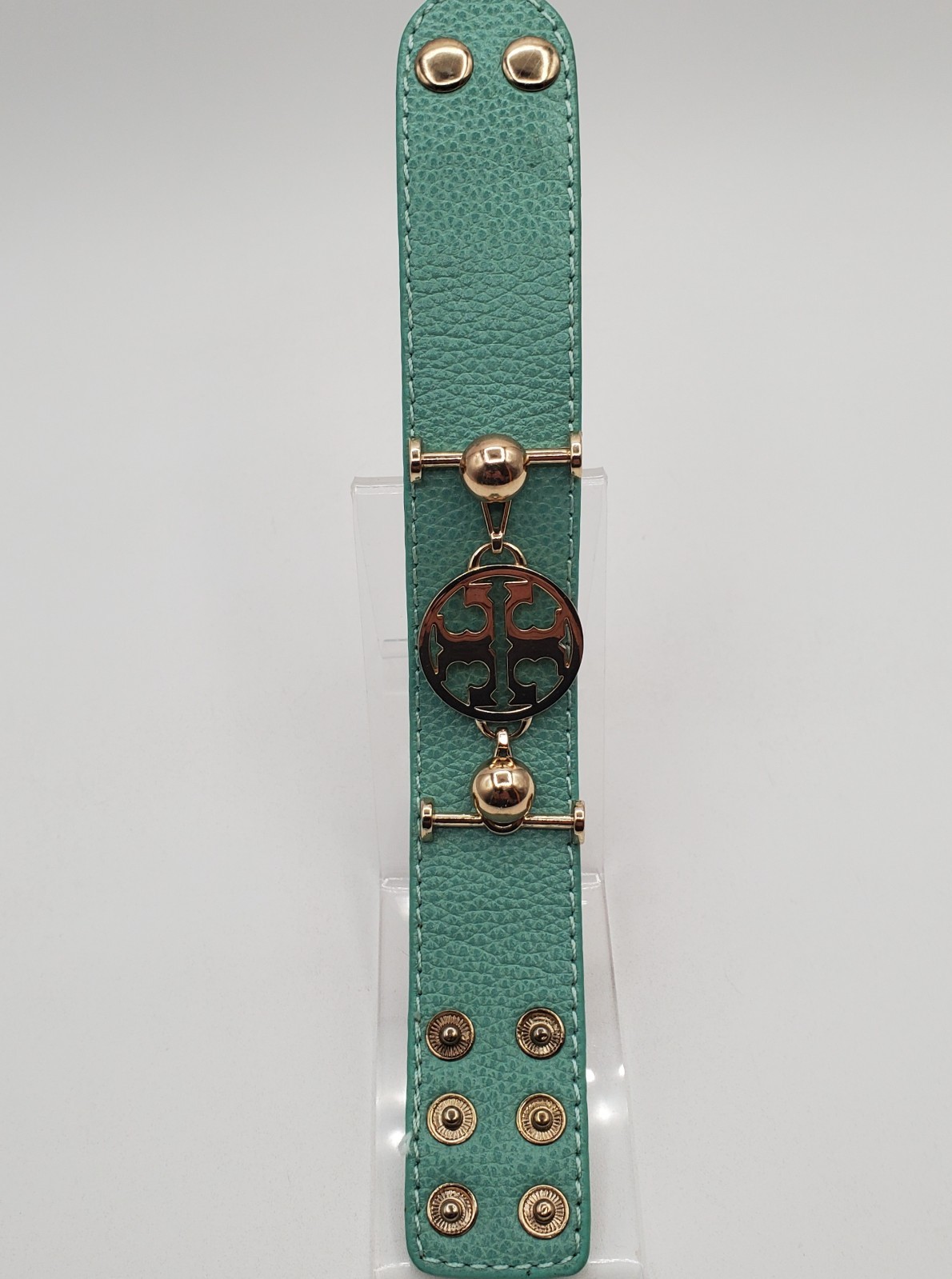 TT Monogram Wrap Bracelet 1in Wide Mint Green Pebble Leather Gold Tone Hardware