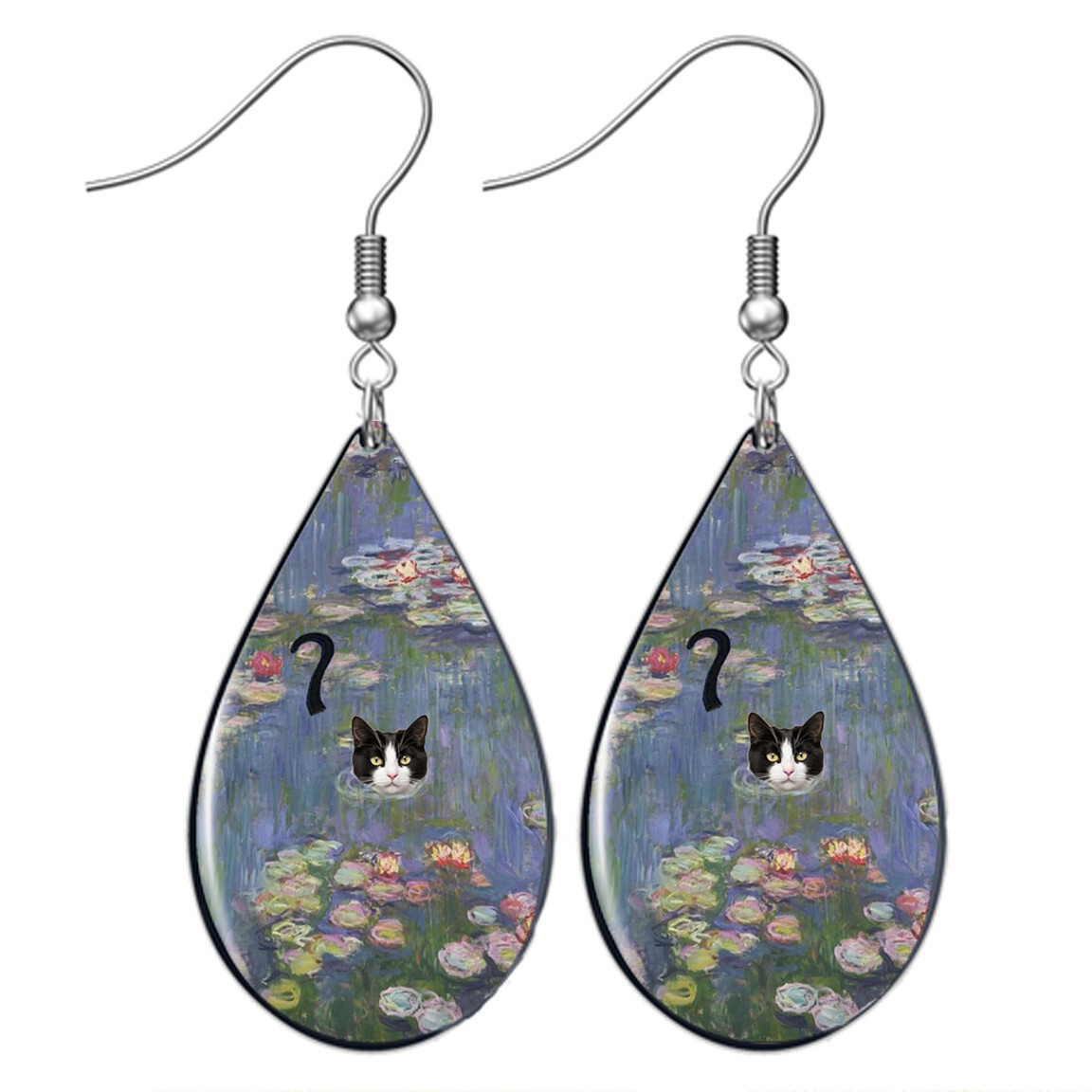 Tuxedo Cat Swimming in Claude Monet Lily Pond Earrings Humorous Cat Art Print