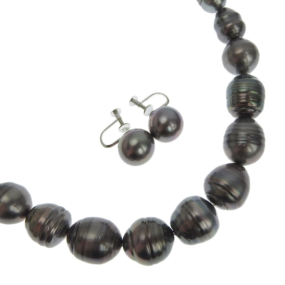 Earring 2-piece set Pearl Necklace8.6-13.1ｍｍ Silver/Black Cultured Pea…