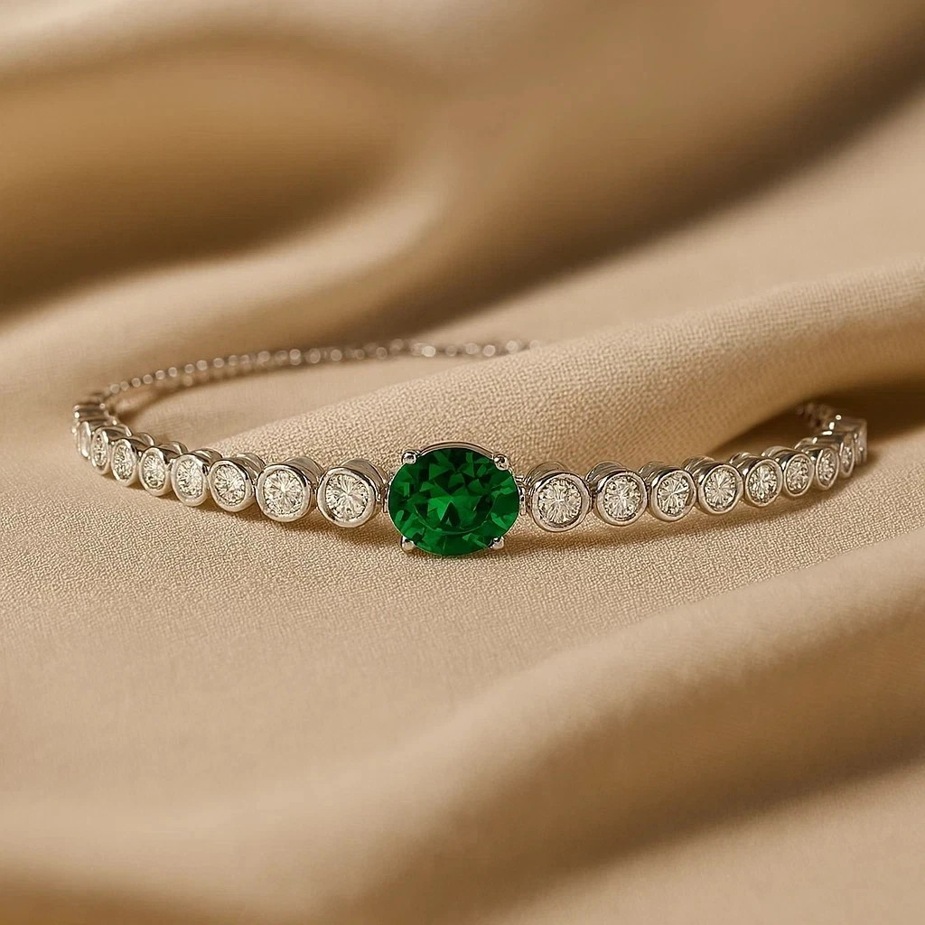 3Ct Oval Cut Simulated Emerald Women’s Tennis Bracelet In 14K White Gold plated
