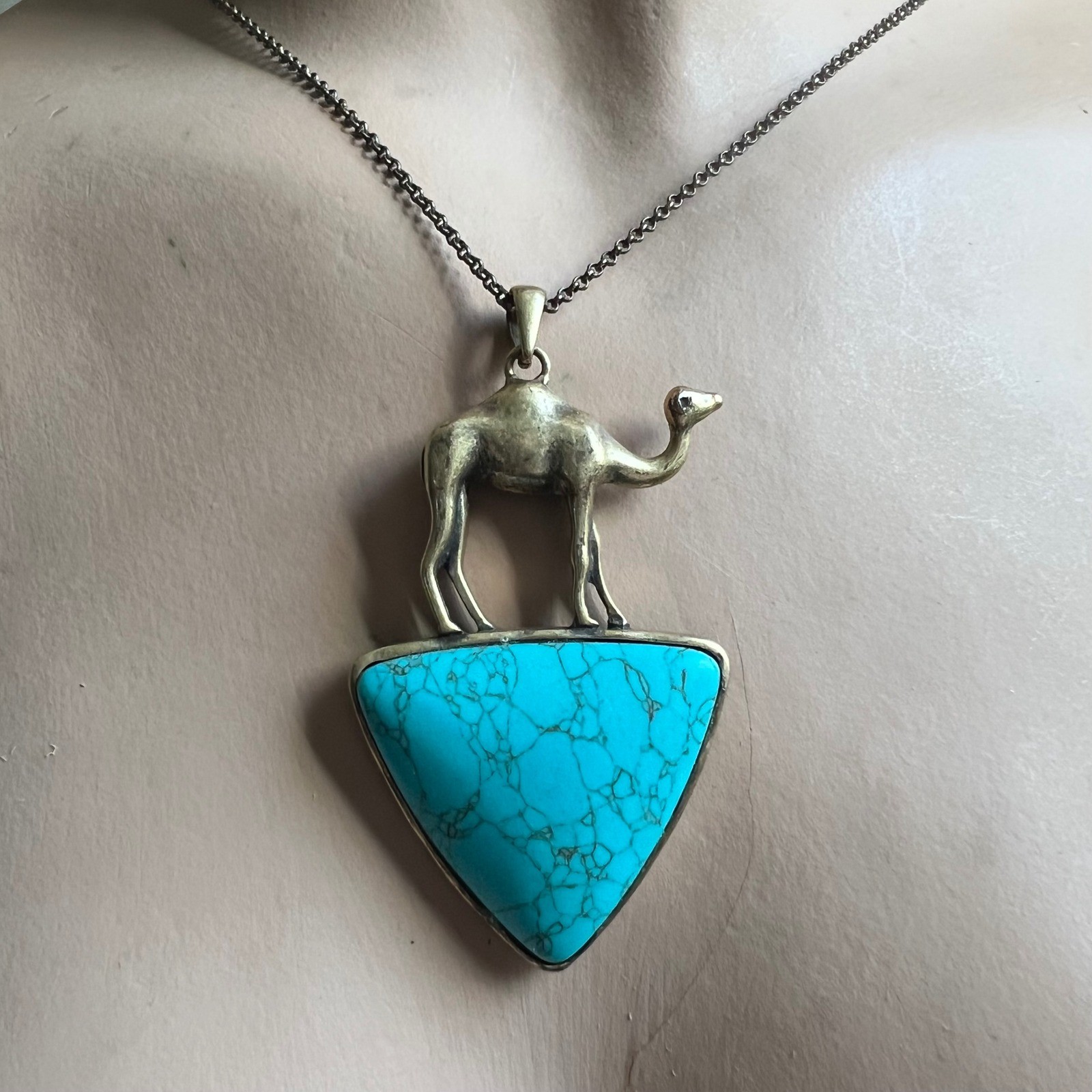 Vtg Brass Tone Camel Faux Turquoise Triangle Pendant Necklace 24″ Desert Chic