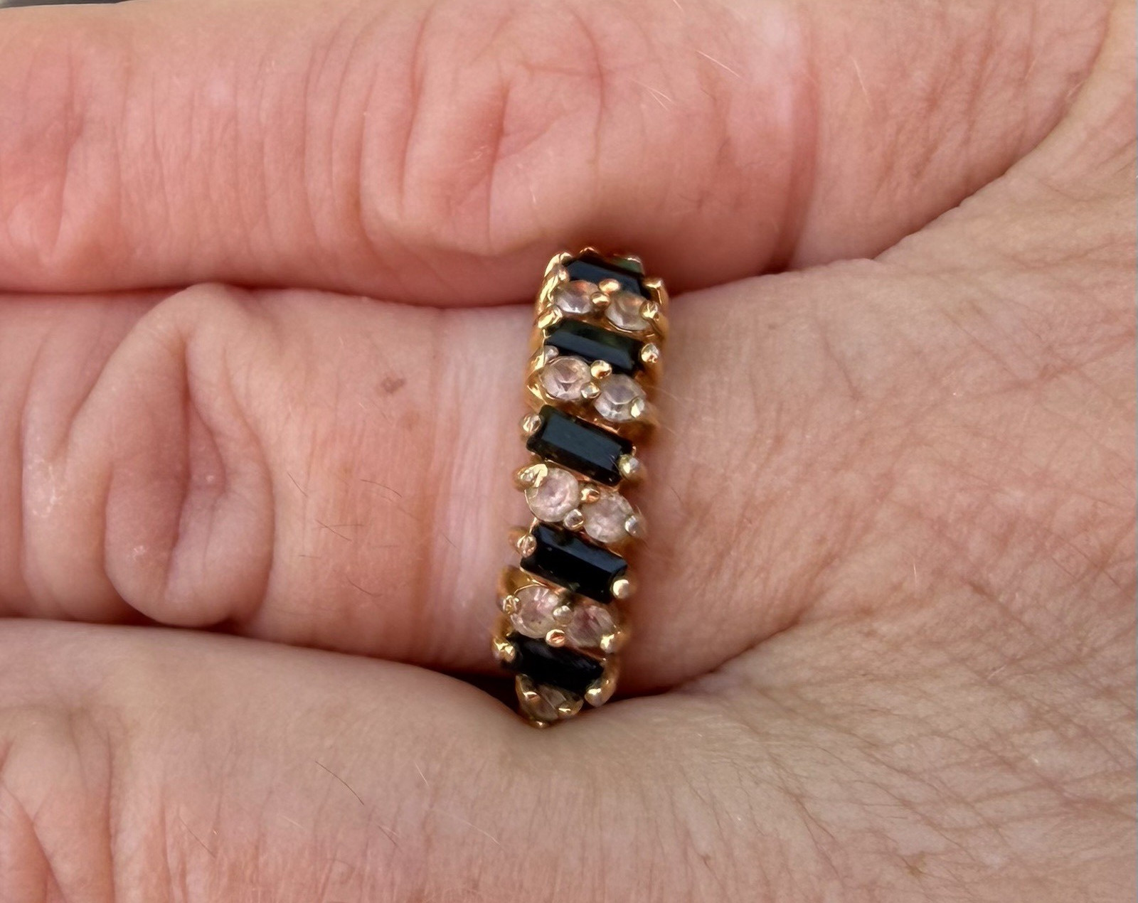 Gold Tone Black Baguette & Clear Stone Band Ring, Prong Set, Size 7