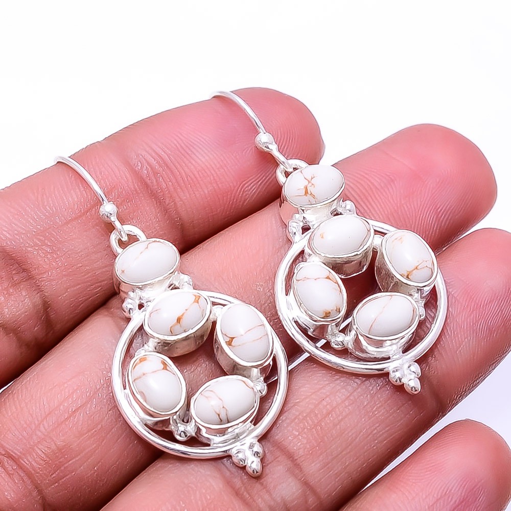Copper White Turquoise Multi Collet 925 Sterling Silver Earring 1.83″ E30