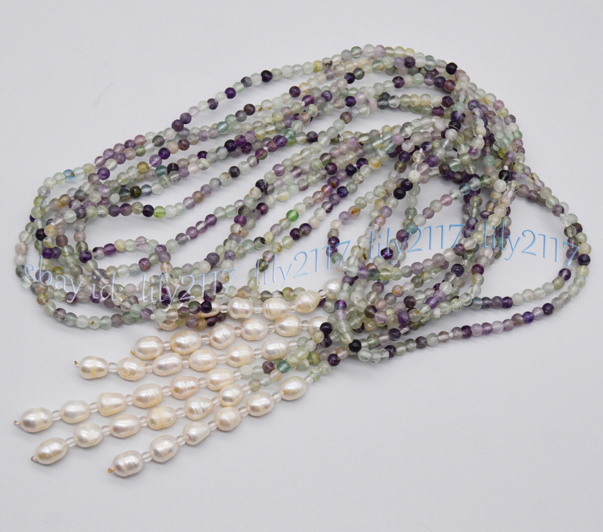 3 Strands 4mm Multicolor Fluorite White Freshwater Rice Pearl Lariat Necklace