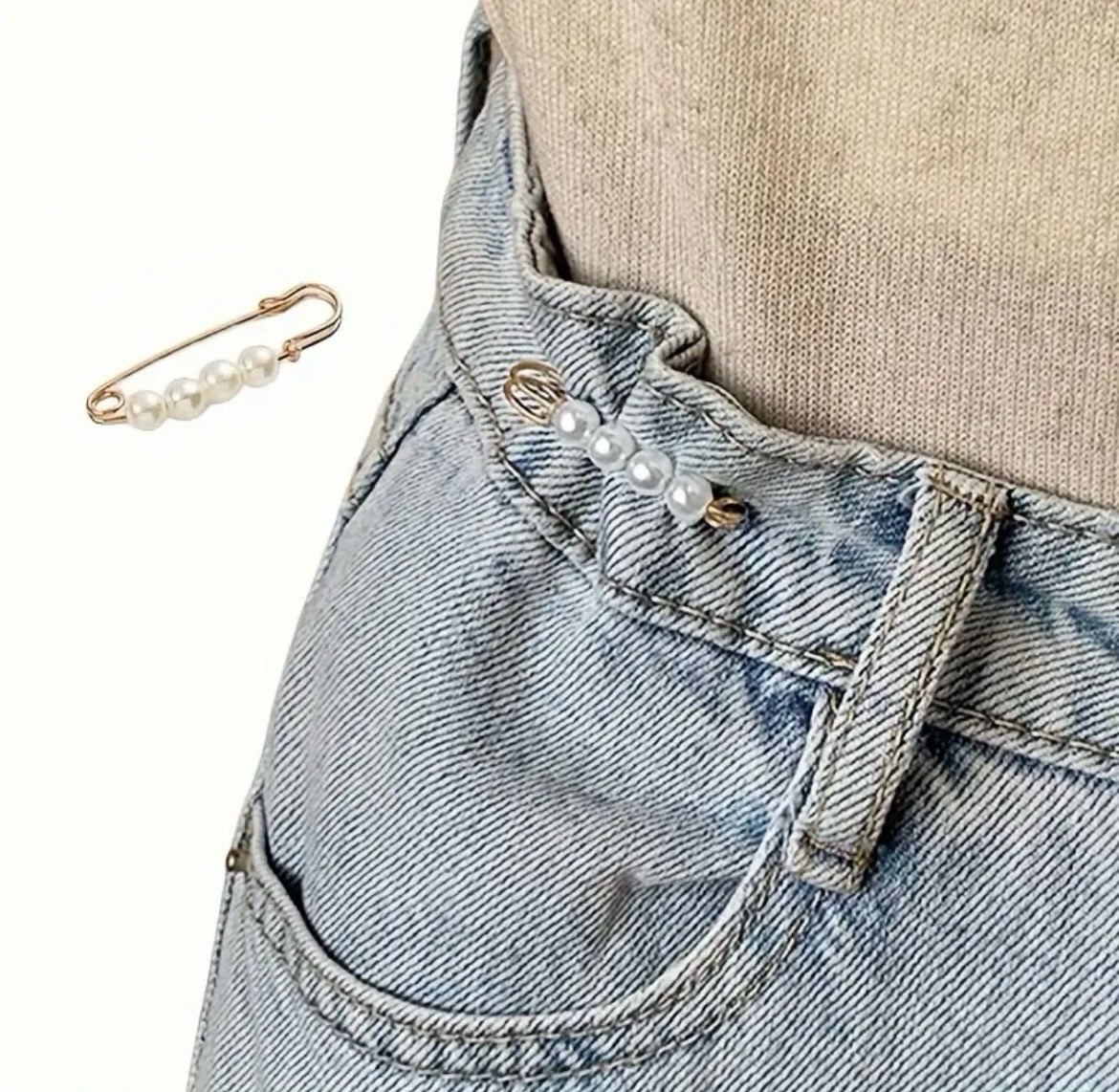 1 pcs Brooch Pin, 1 Pcs Safety Pin, Gold Tone, Faux Pearl, Rhinestone