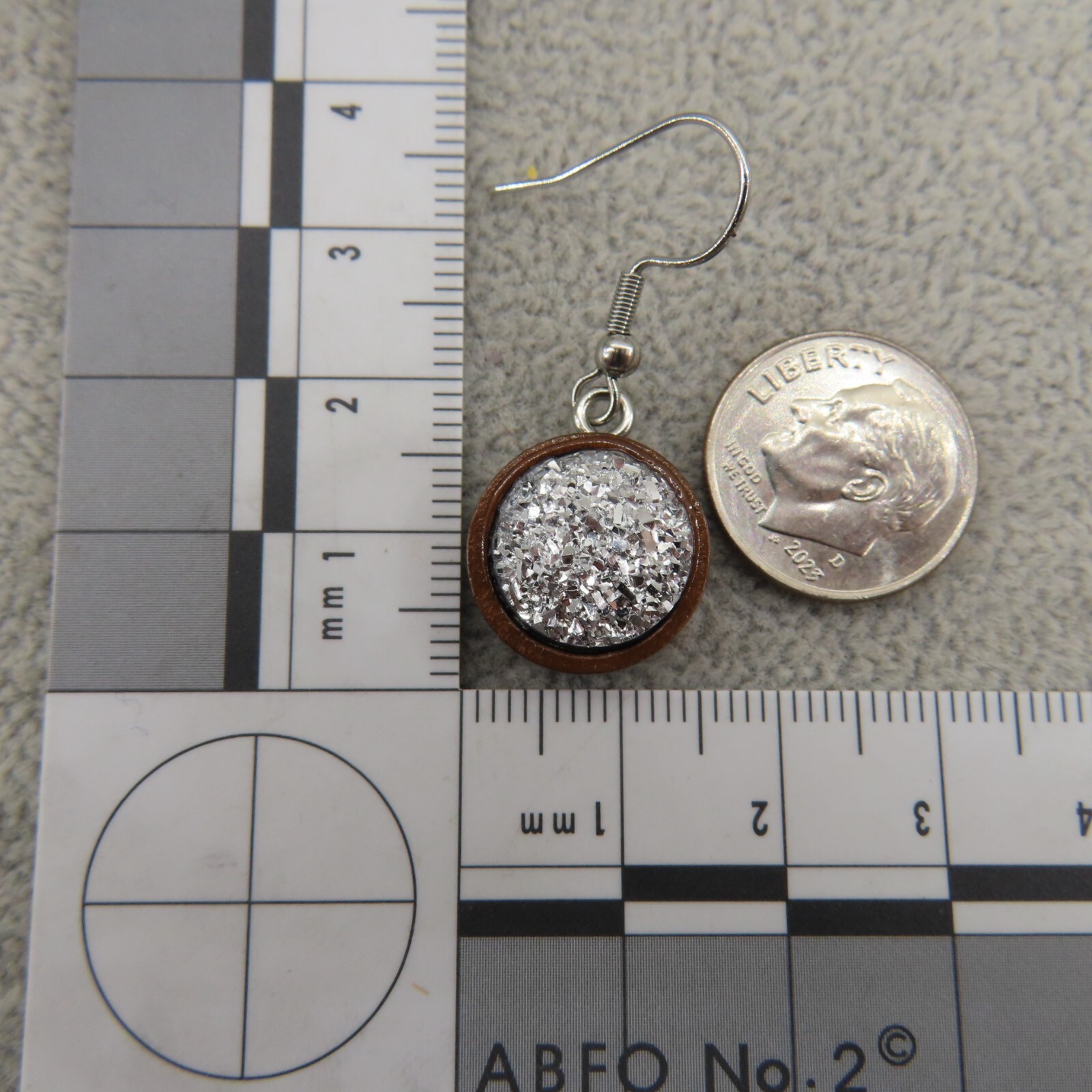 BRIGHT SILVER Faux Druzy Dangle Earrings Stainless Steel 12mm Wood Cabochon New