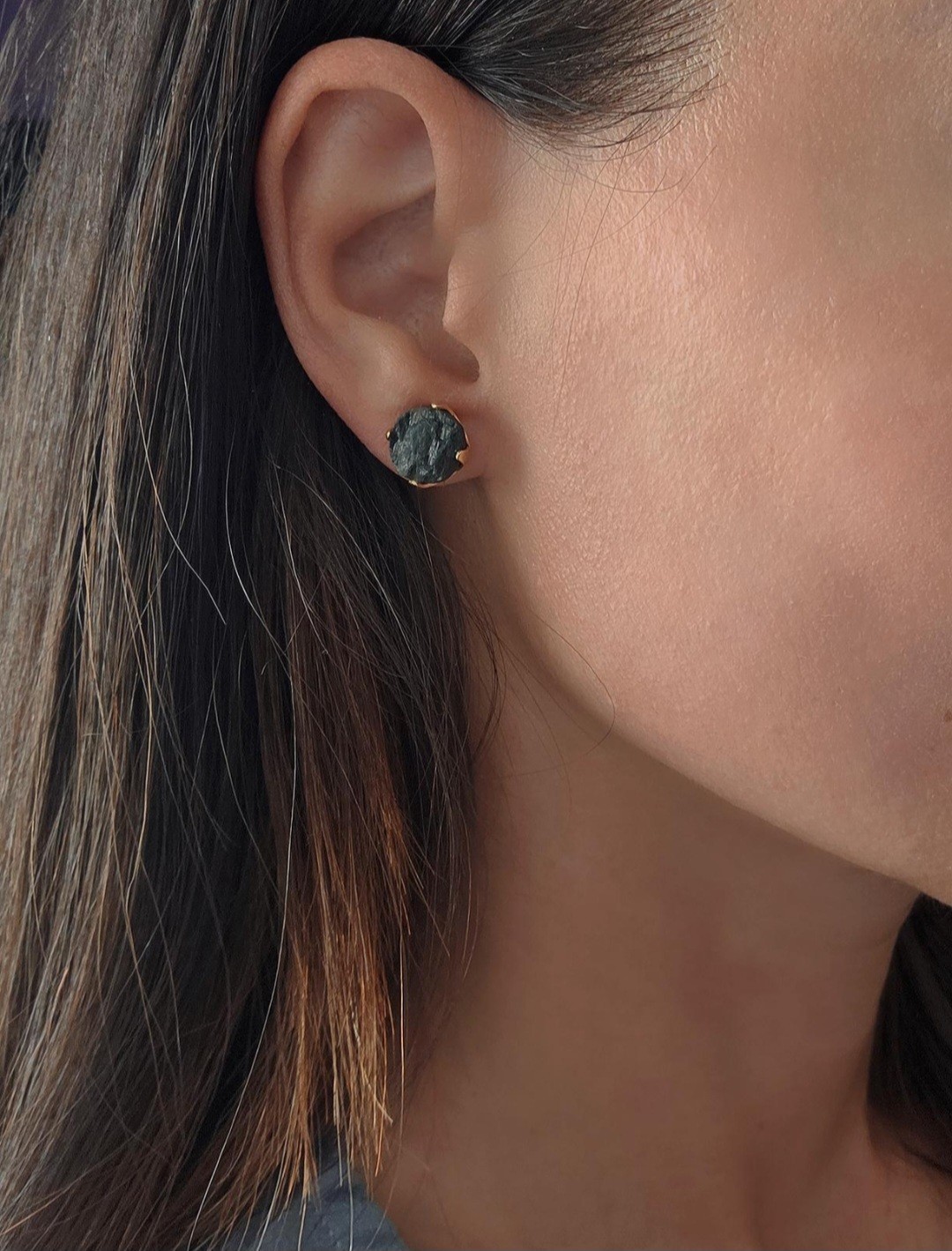 Black Tourmaline Gold Stud Earrings 18K Plated Healing Protection Gift