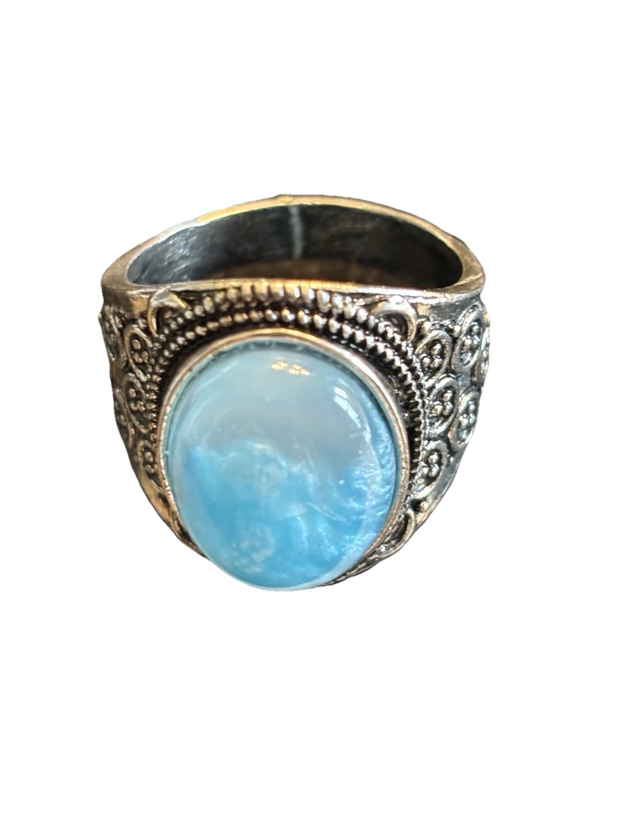 Blue Gemstone Statement Ring Silver Plated Court Style Sz 11 Larimar