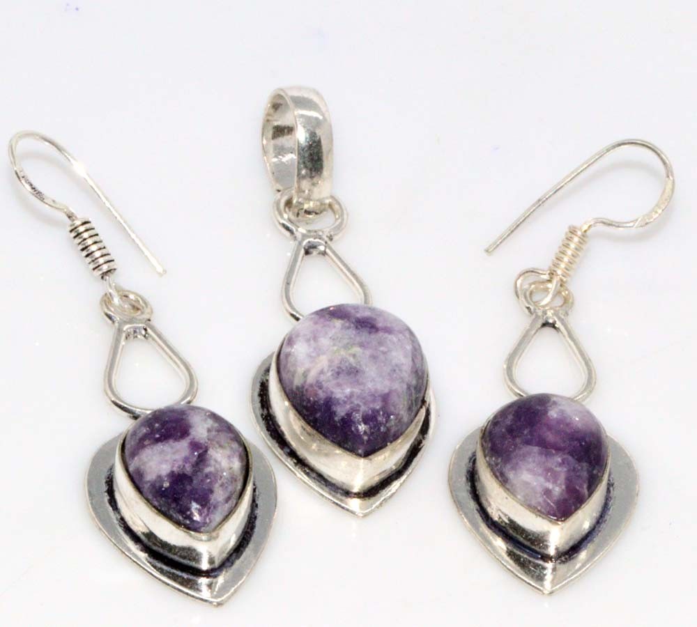 Lepidolite 925 Silver Plated Pendant Earrings Set 1.8|1.2″ Classy Look Trendy JW