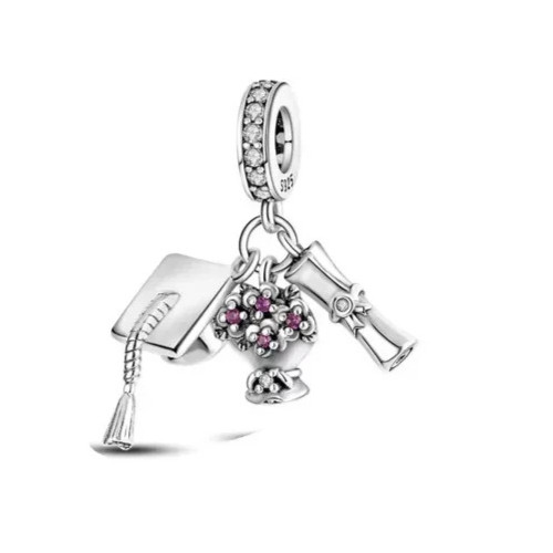 GRADUATION CAP DIPLOMA CZ STERLING SILVER CHARM BRACELET PENDANT BEAD & POUCH!