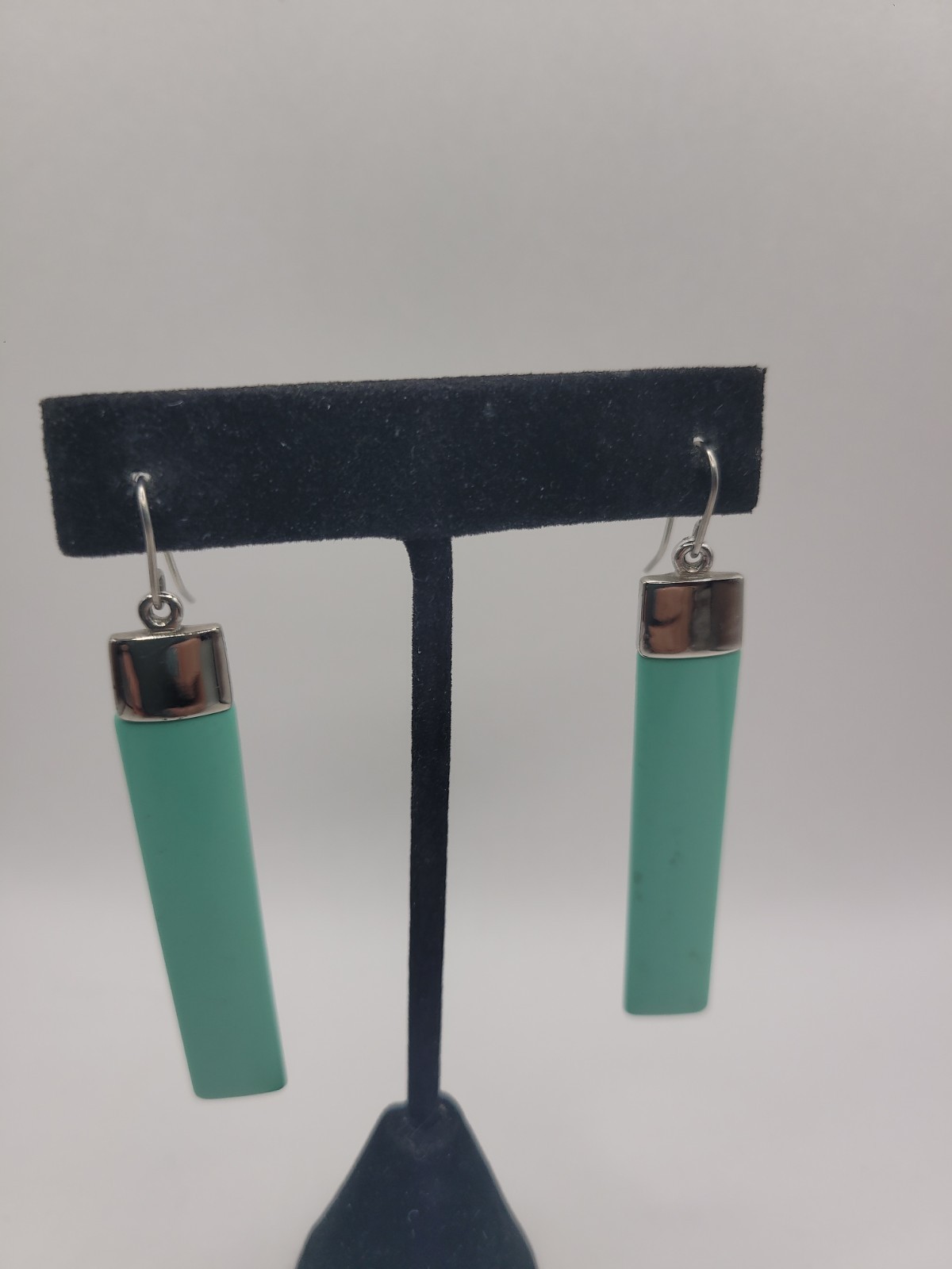 Modern Blue-Green Bar Dangle Earrings Silver Tone Minimalist Geometric Long Drop
