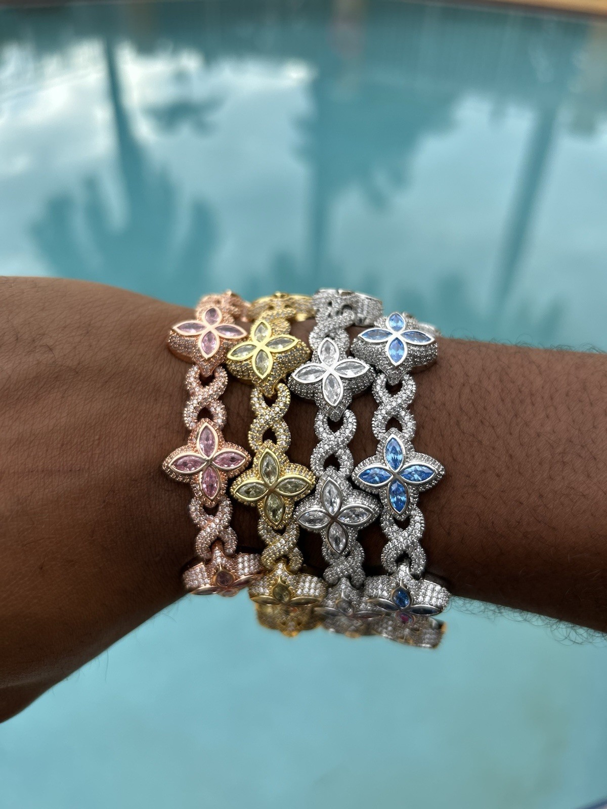 Multicolor Iced Out Flower Link Bracelets | Gold | Silver | Pink | Blue