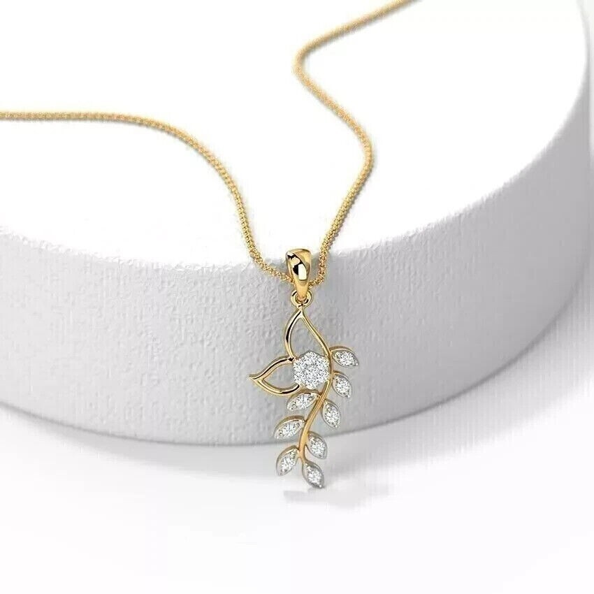 Women’s Leaf Pendant 1.20Ct Round Cut Simulated Diamond 14K Yellow Gold Plated