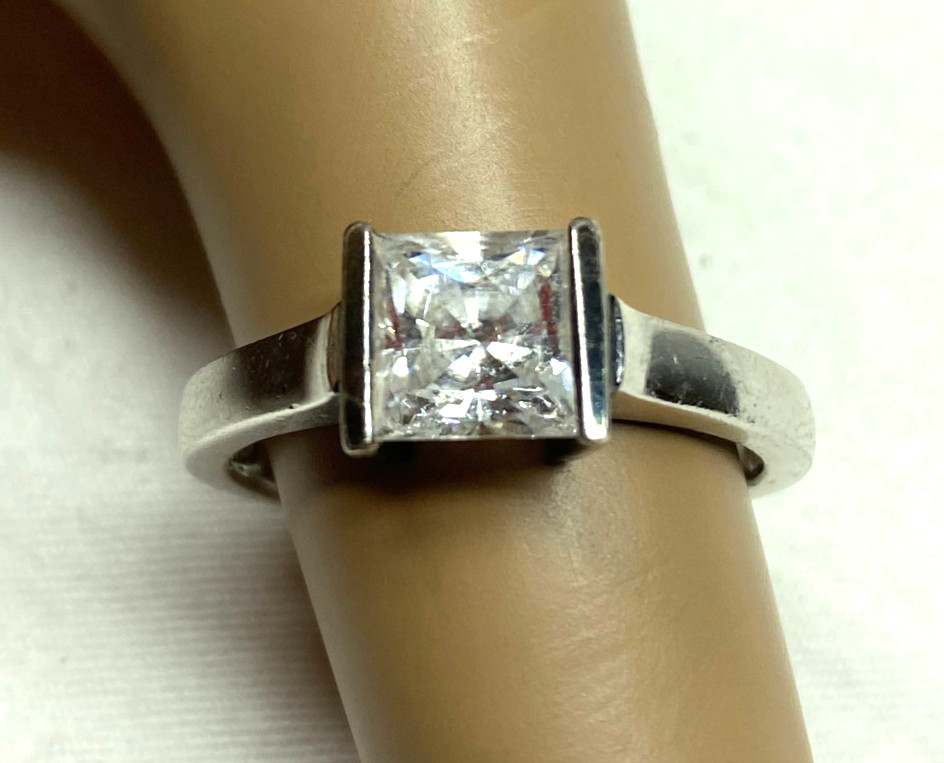 QVC Silver Tone Clear Crystal or Zirconia Square Stone Tension Setting Size 10