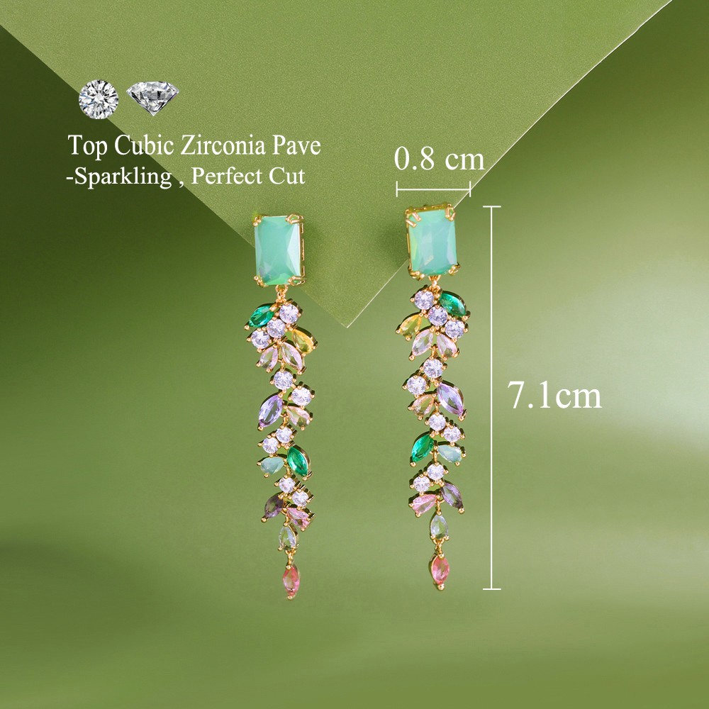 CZ Green Baguette Multicolor Leaf Long Drop Earrings Gold Plated Wedding Jewelry
