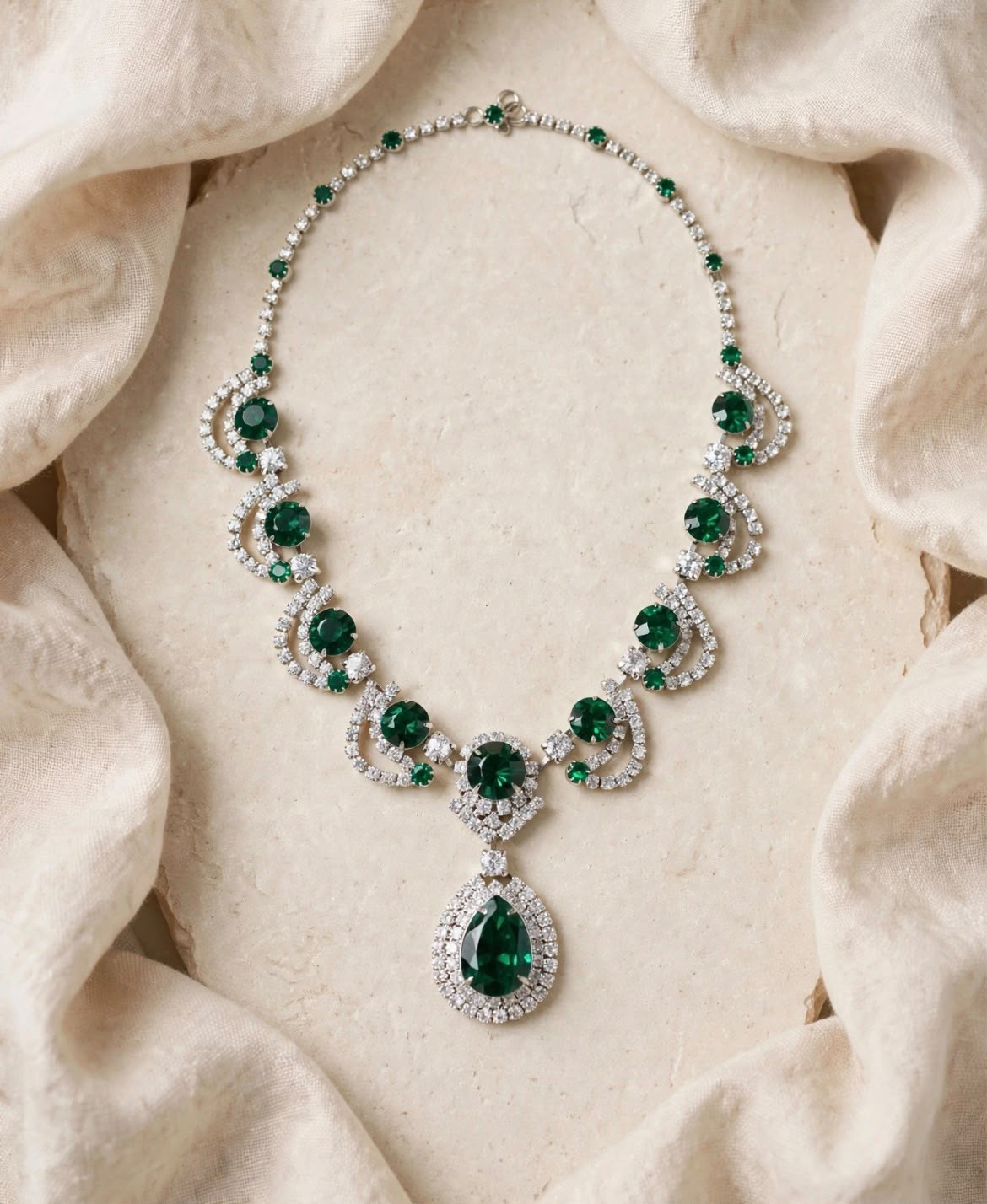 Green Teardrop Crystal Pendant Statement Necklace Silver Tone Metal Chain